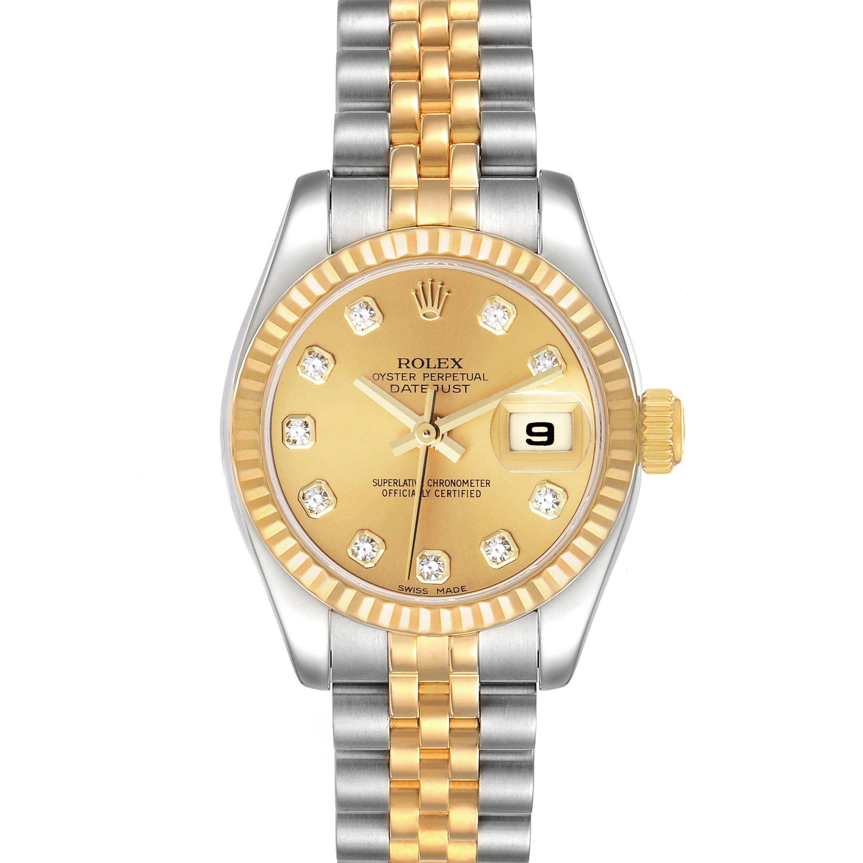 The image shows a frontal view of a Rolex Datejust 179173 Women
s Steel and Gold (two tone) Champagne Dial 179173 Women
s Steel and Gold (two tone) Champagne Dial watch, displaying its gold dial, fluted bezel, and two-tone bracelet.