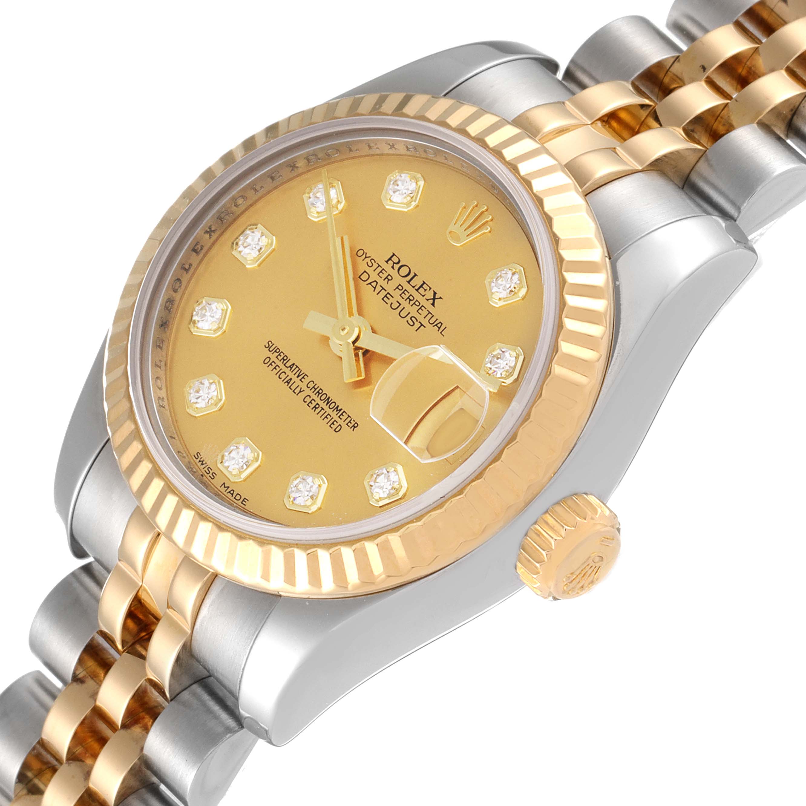 The image shows a close-up angled view of a Rolex Datejust 179173 Women
s Steel and Gold (two tone) Champagne Dial 179173 Women
s Steel and Gold (two tone) Champagne Dial watch, highlighting its dial, bezel, and part of the bracelet.