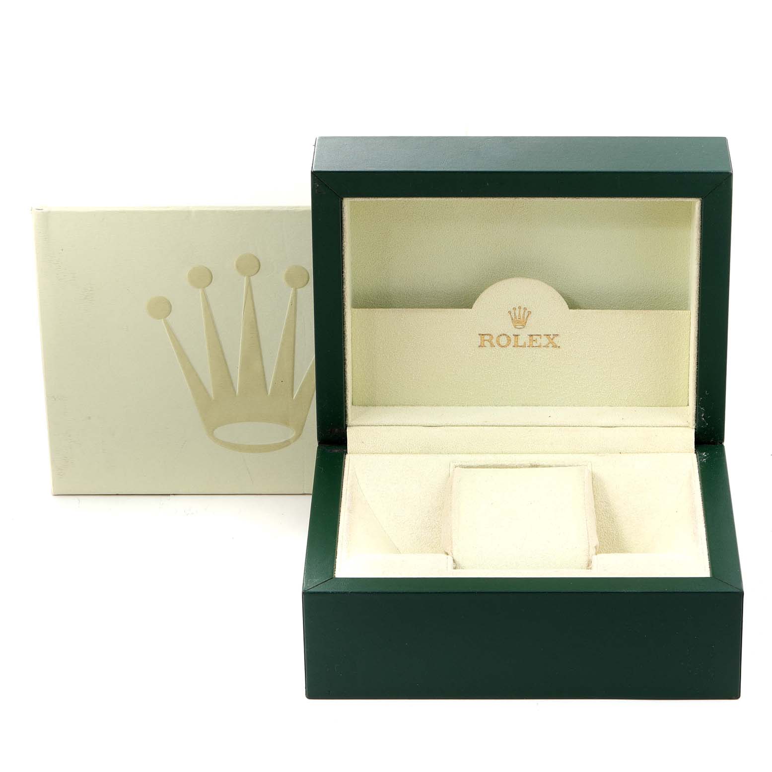 The image shows an empty green Rolex Datejust 179173 Women
s Steel and Gold (two tone) Champagne Dial 179173 Women
s Steel and Gold (two tone) Champagne Dial watch box with its inner cushion and the outer packaging next to it.
