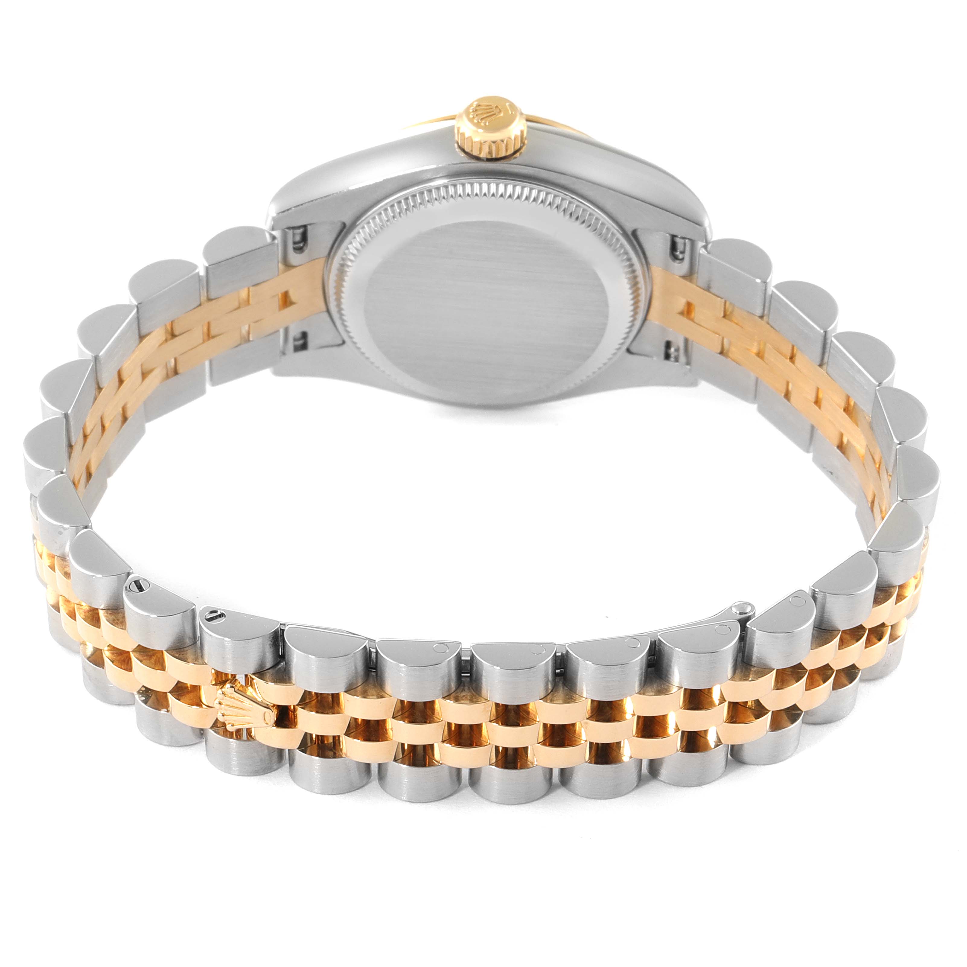 The image shows the back view of a Rolex Datejust 179173 Women
s Steel and Gold (two tone) Champagne Dial 179173 Women
s Steel and Gold (two tone) Champagne Dial watch, highlighting the caseback and two-tone Jubilee bracelet.