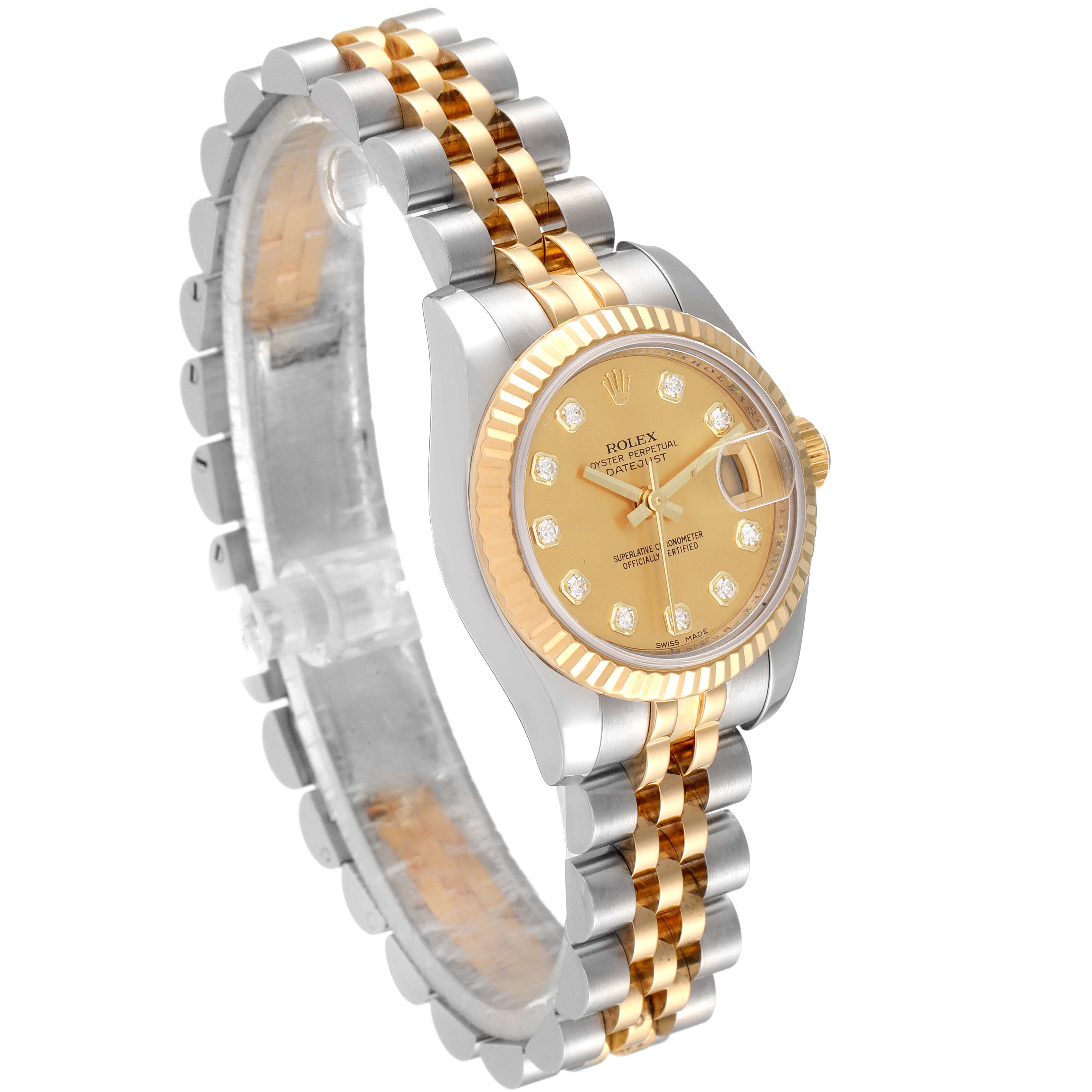 The Rolex Datejust 179173 Women
s Steel and Gold (two tone) Champagne Dial 179173 Women
s Steel and Gold (two tone) Champagne Dial model is shown at an angle highlighting its two-tone bracelet, fluted bezel, and champagne dial with diamond indices.