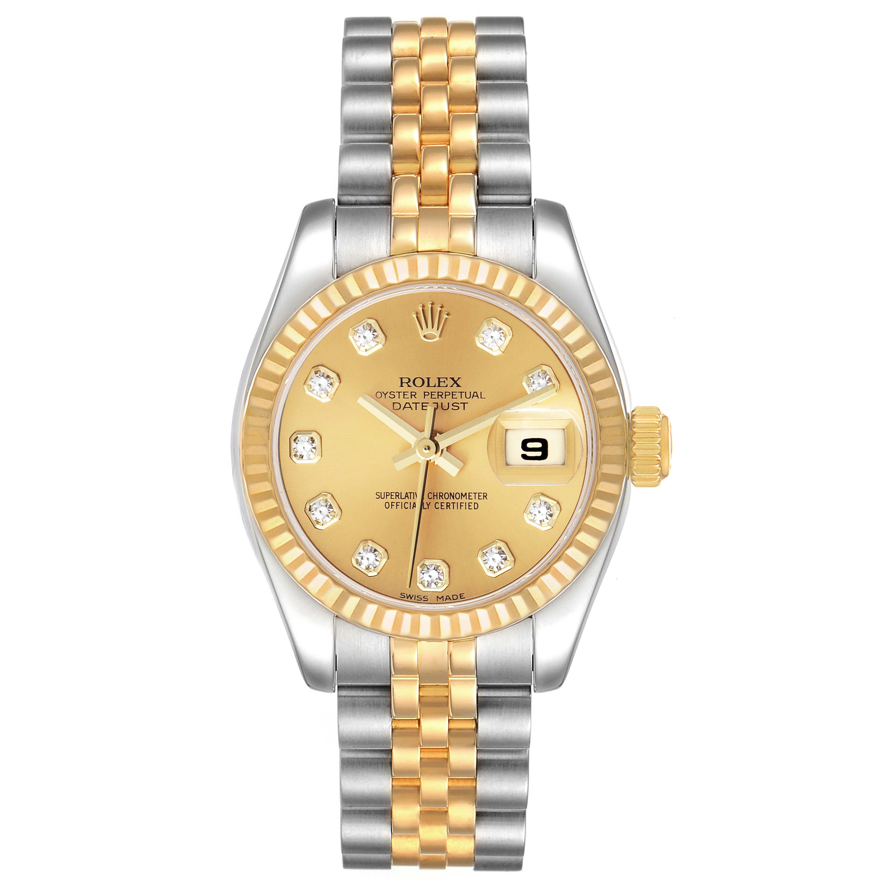The image shows a front view of a Rolex Datejust 179173 Women
s Steel and Gold (two tone) Champagne Dial 179173 Women
s Steel and Gold (two tone) Champagne Dial watch, displaying the face, bezel, and two-tone bracelet.