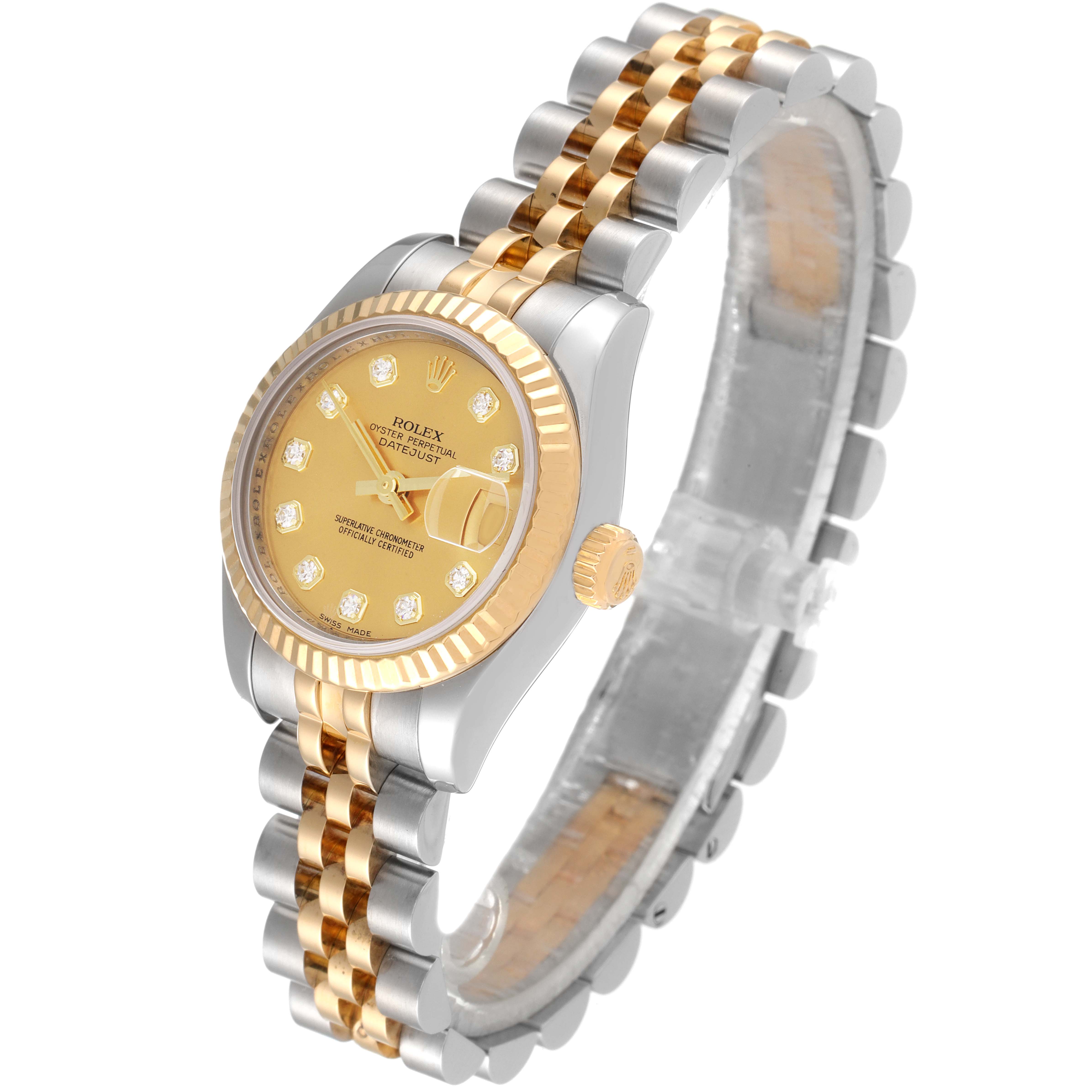 The Rolex Datejust 179173 Women
s Steel and Gold (two tone) Champagne Dial 179173 Women
s Steel and Gold (two tone) Champagne Dial watch is shown at a three-quarter angle, highlighting its gold dial, fluted bezel, and two-tone bracelet.