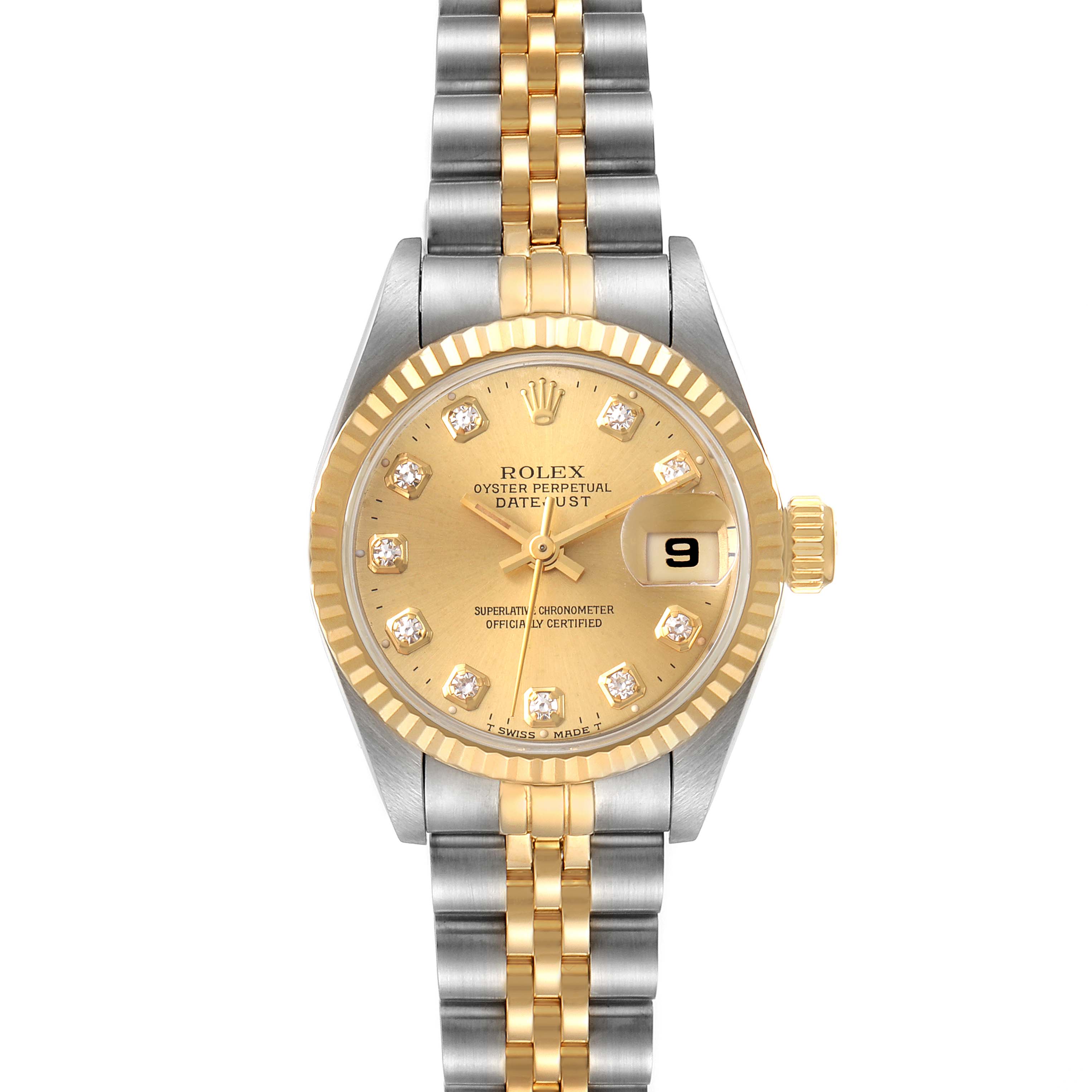 The Datejust model by Rolex is shown front-facing, featuring its gold dial, diamond markers, fluted bezel, and two-tone bracelet.