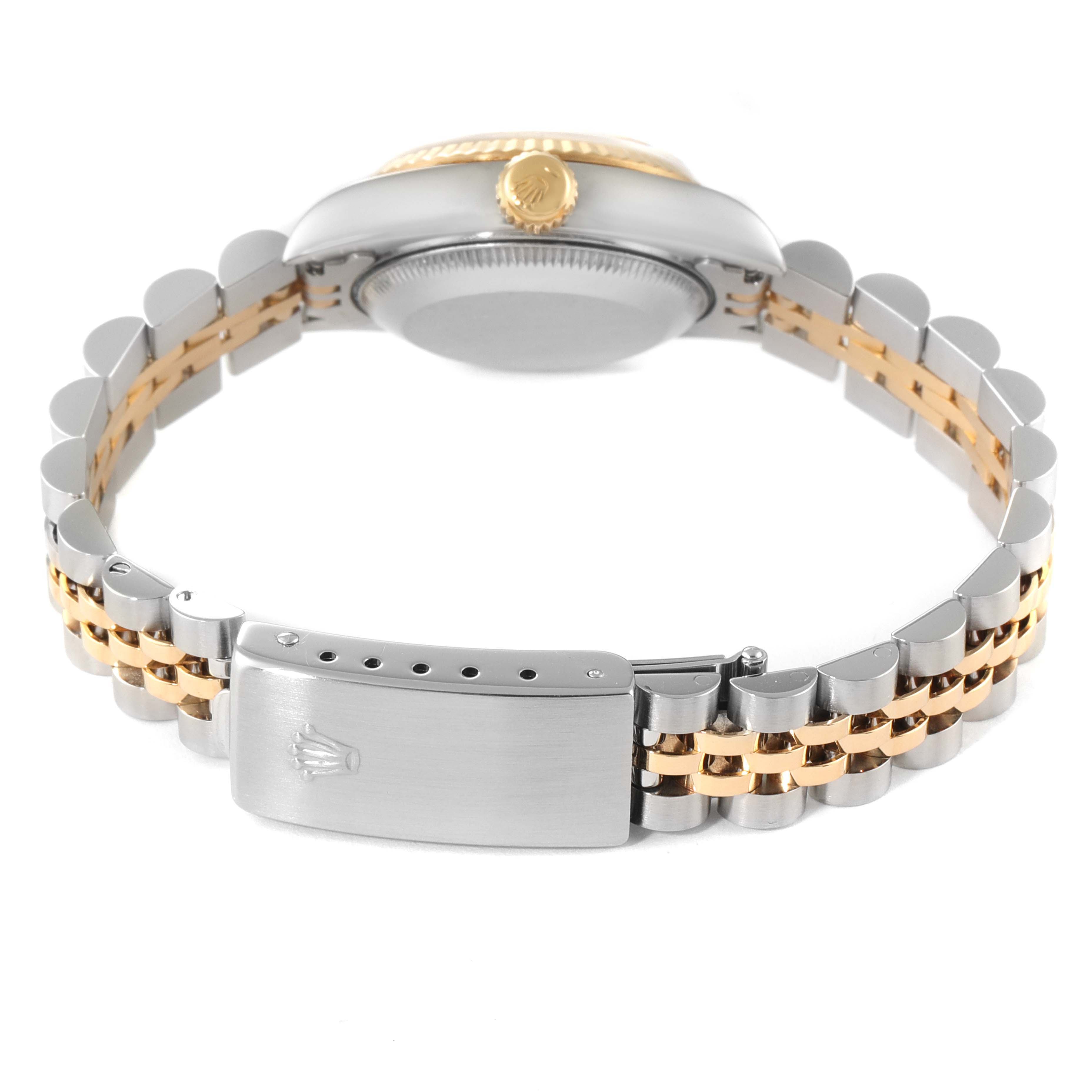 This image shows the Rolex Datejust 69173 Women
s Steel and Gold (two tone) Champagne Dial 69173 Women
s Steel and Gold (two tone) Champagne Dial watch from the back, highlighting its two-tone bracelet and clasp.