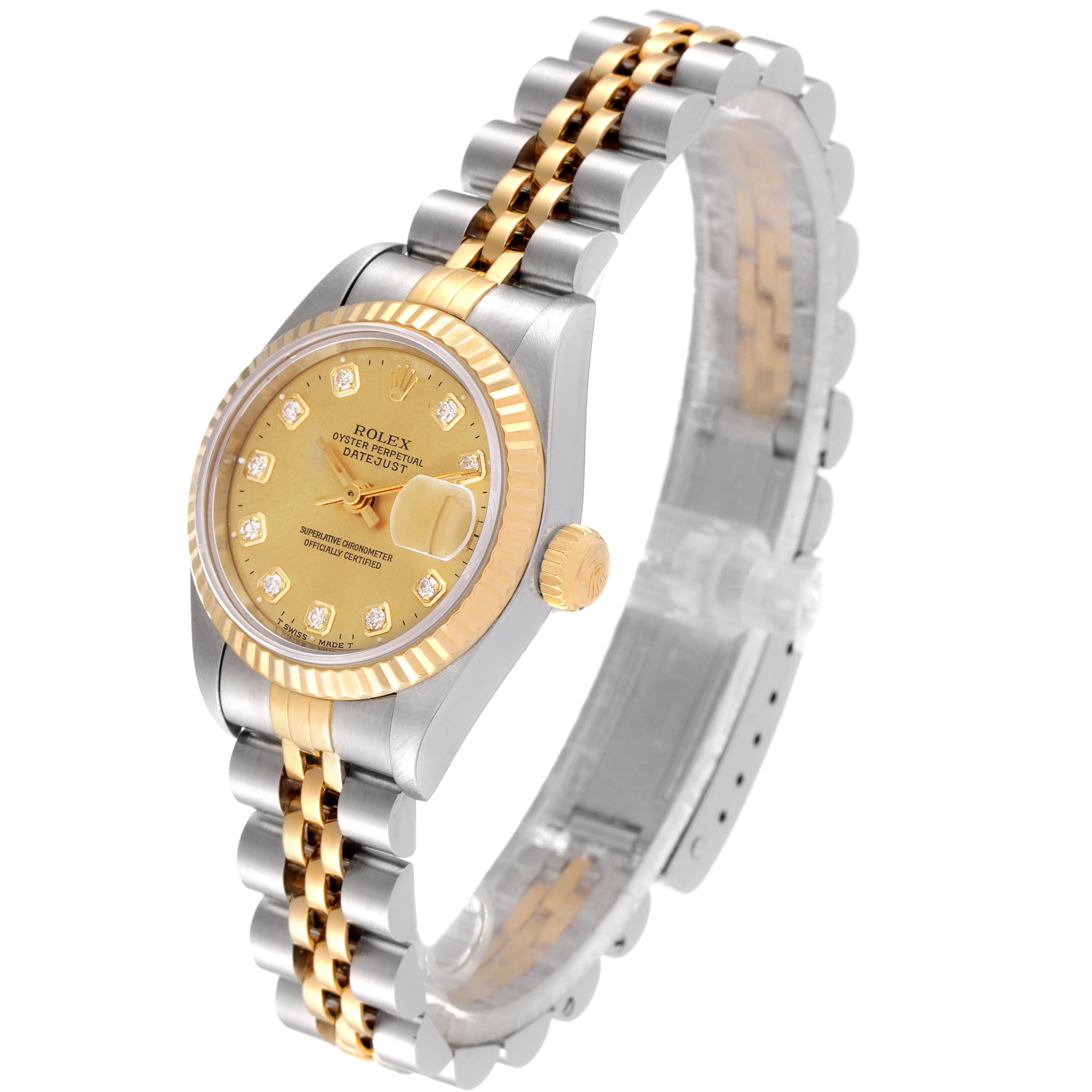 The image displays a side view of the Rolex Datejust 69173 Women
s Steel and Gold (two tone) Champagne Dial 69173 Women
s Steel and Gold (two tone) Champagne Dial watch, showcasing its gold and silver bracelet and bezel.