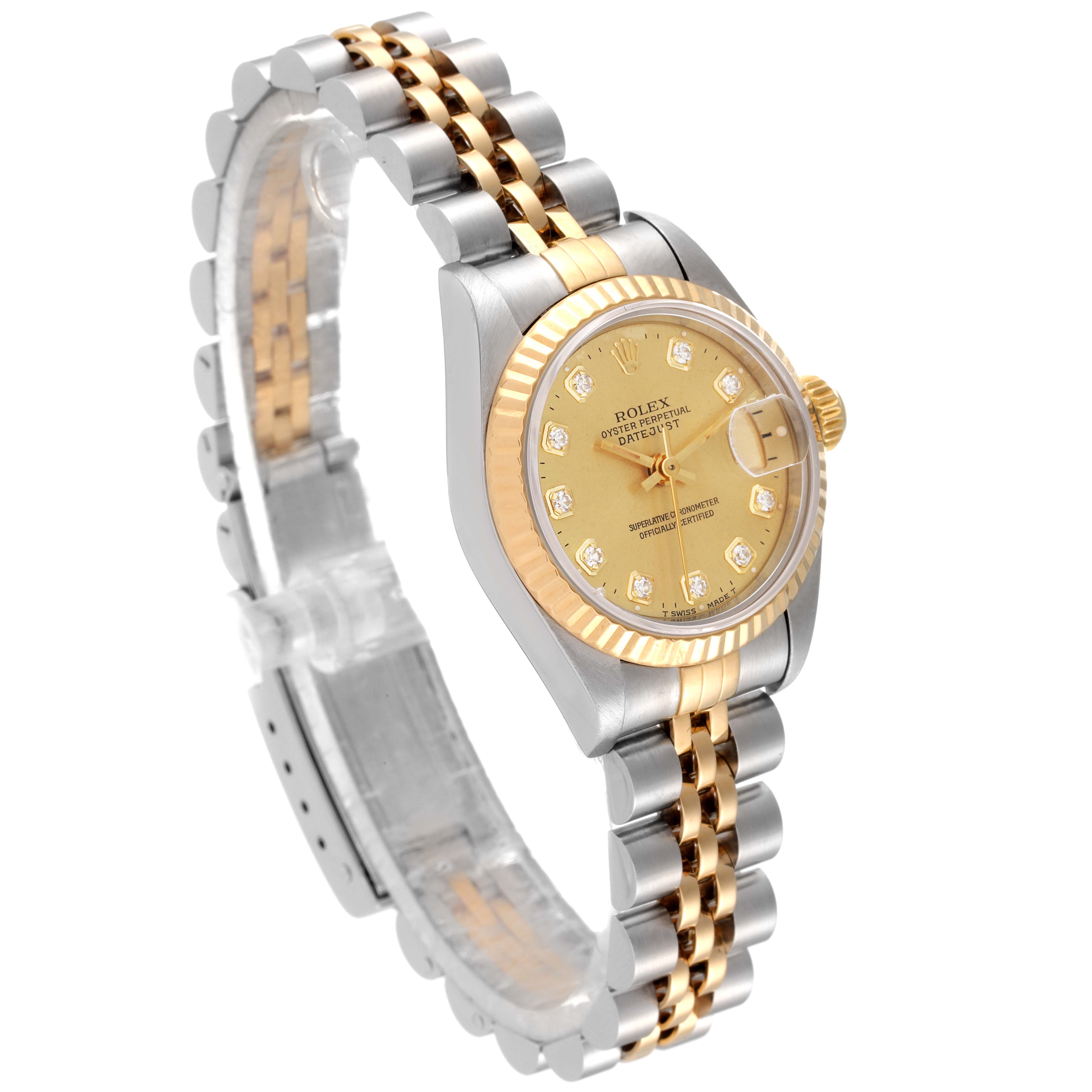 The image shows a Rolex Datejust 69173 Women
s Steel and Gold (two tone) Champagne Dial 69173 Women
s Steel and Gold (two tone) Champagne Dial watch at a three-quarter angle, highlighting the gold and silver bracelet, bezel, and diamond-accented dial.