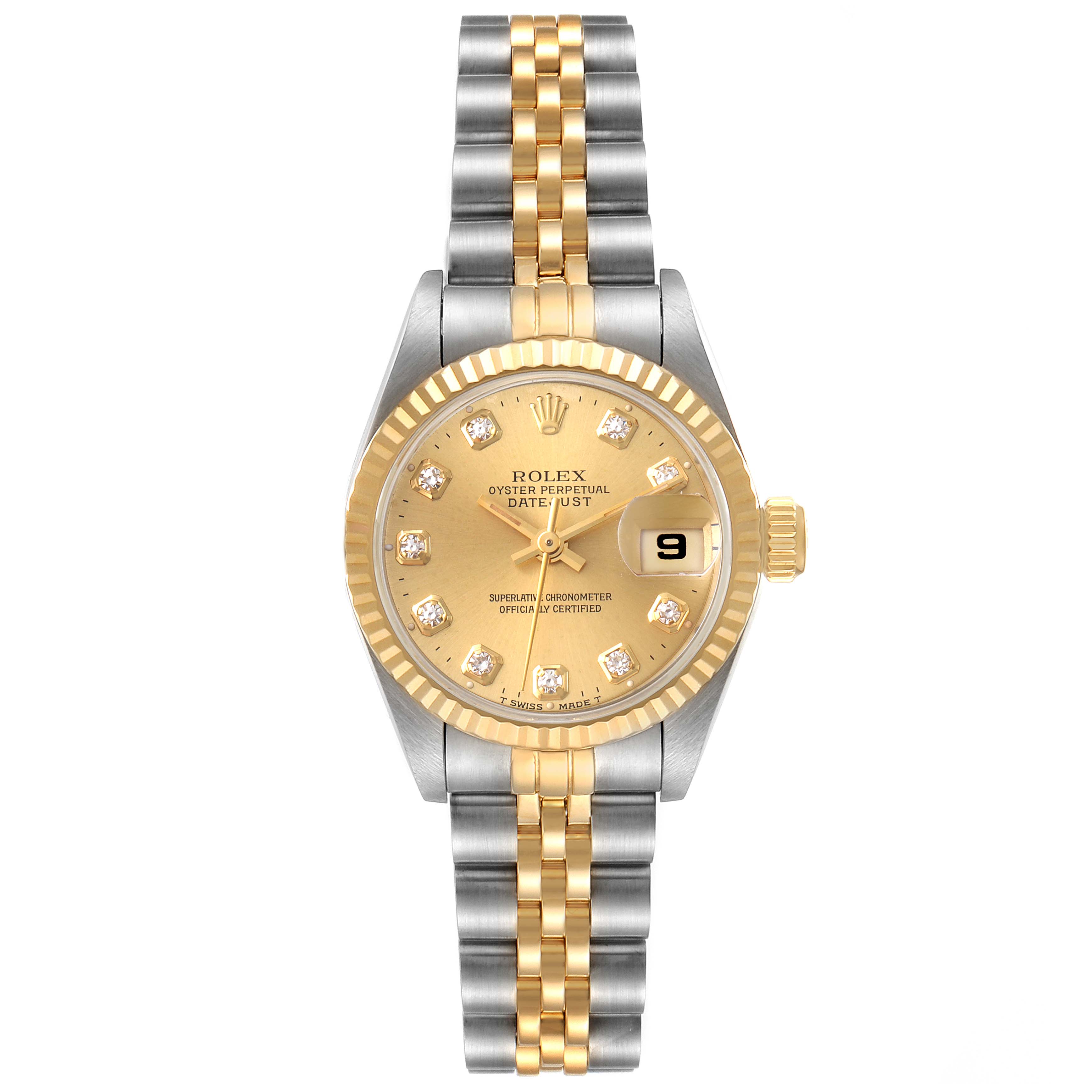 This image shows a Rolex Datejust 69173 Women
s Steel and Gold (two tone) Champagne Dial 69173 Women
s Steel and Gold (two tone) Champagne Dial watch from a front angle, displaying its bezel, face, crown, and bracelet.