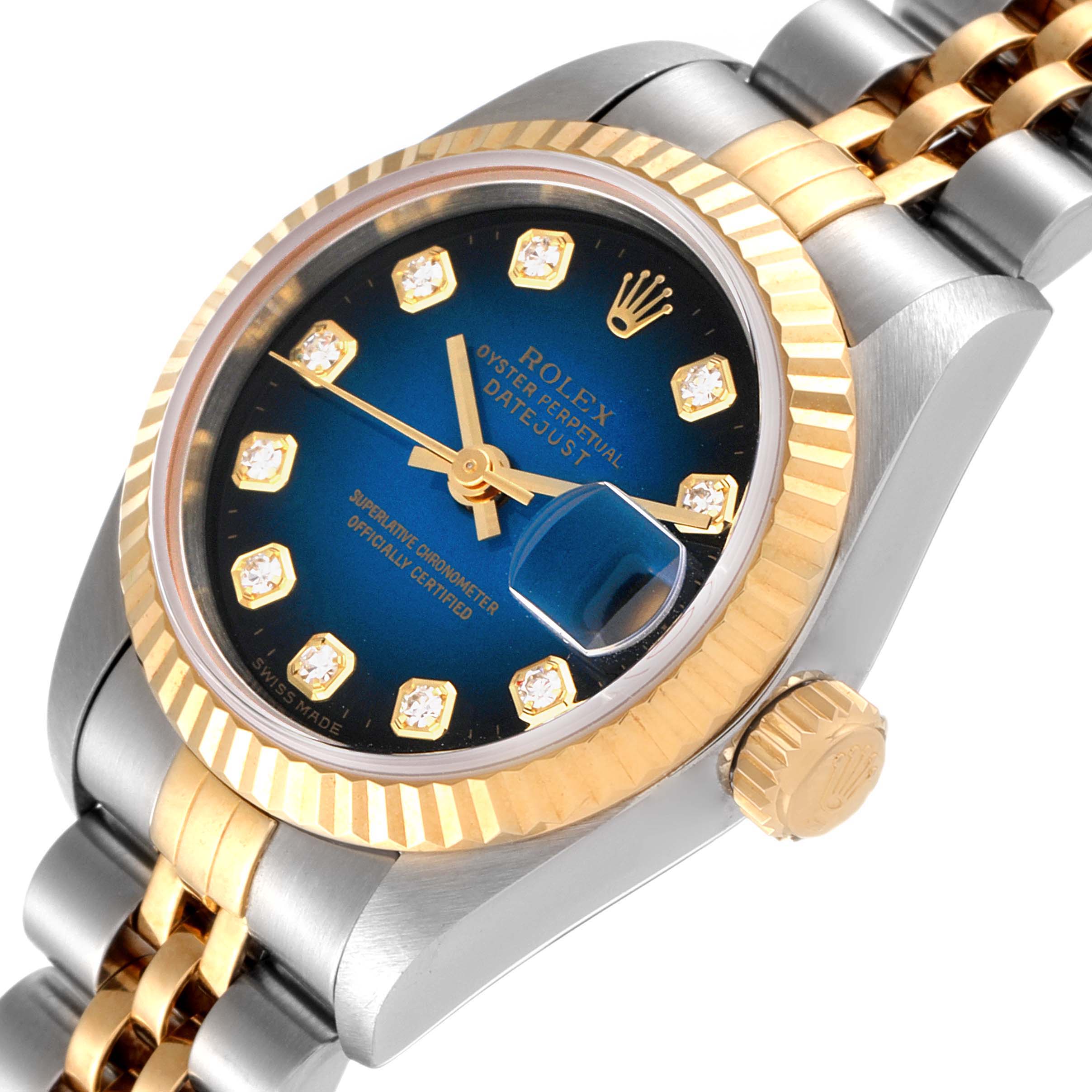This image shows a close-up, angled view of the Rolex Datejust 69173 Women's Steel and Gold (two tone) Blue Dial 69173 Women's Steel and Gold (two tone) Blue Dial watch, highlighting the face, bezel, crown, and part of the bracelet.
