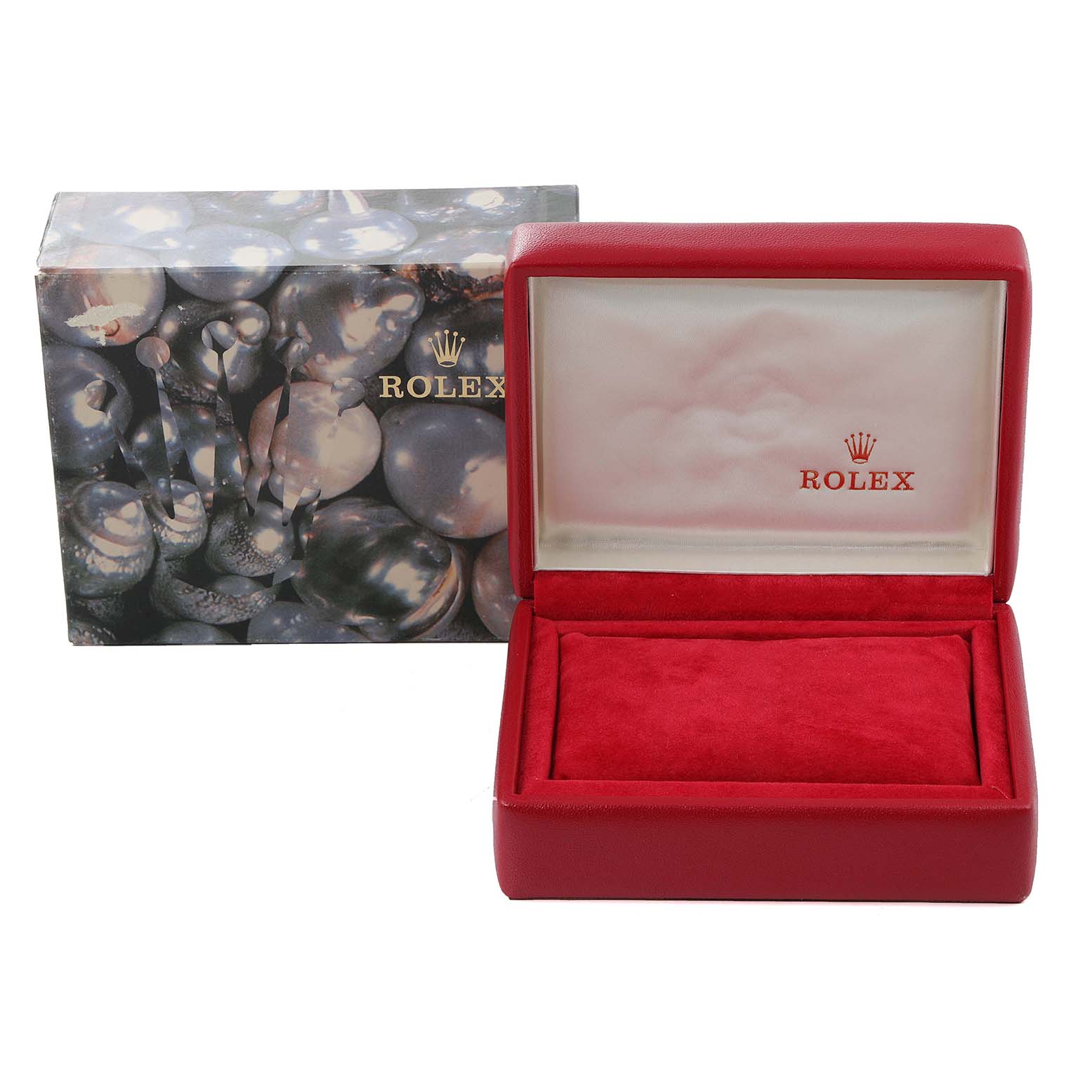 This image shows an open red Rolex Datejust 69173 Women's Steel and Gold (two tone) Blue Dial 69173 Women's Steel and Gold (two tone) Blue Dial watch box with the outer decorative box in the background.