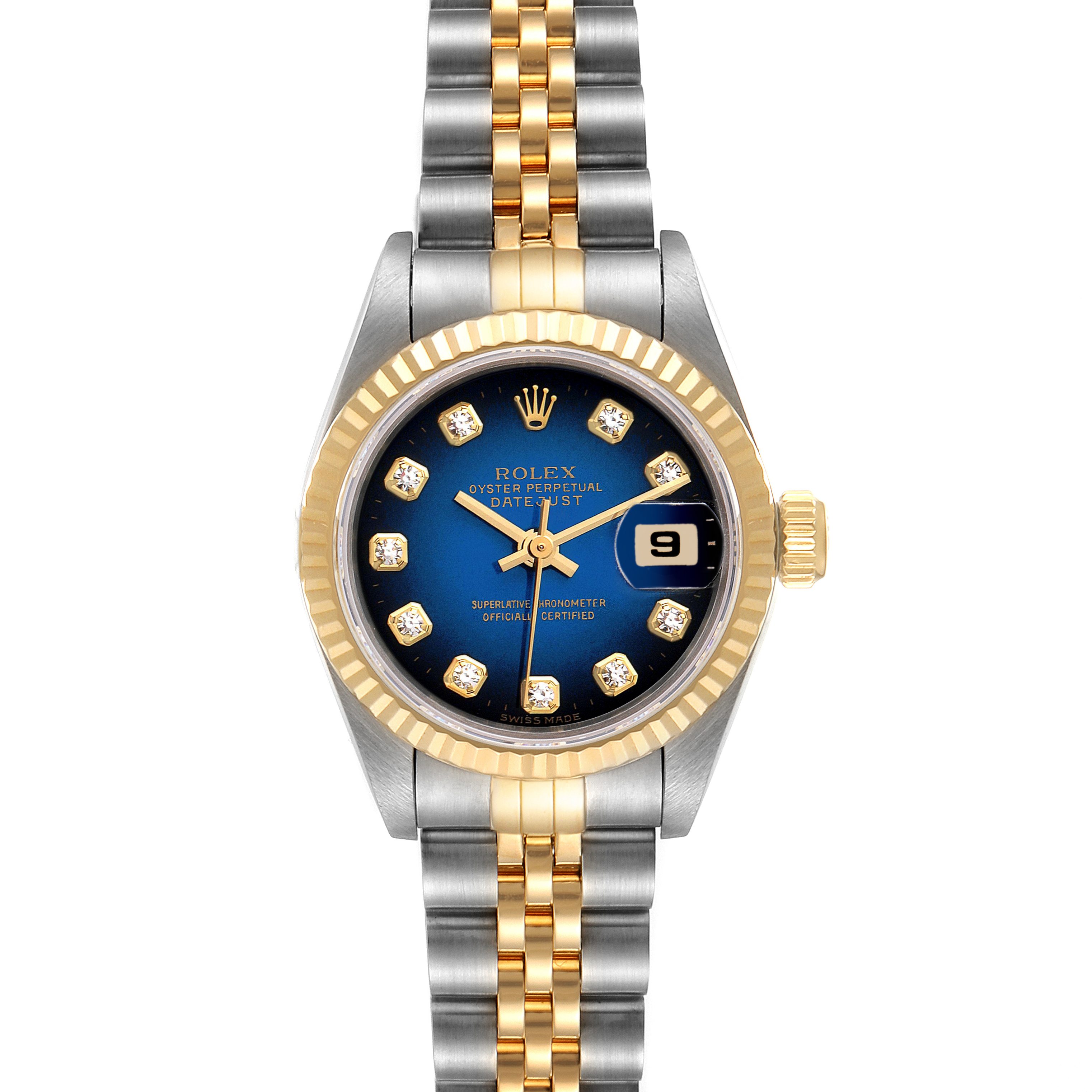 The image shows a Rolex Datejust 69173 Women's Steel and Gold (two tone) Blue Dial 69173 Women's Steel and Gold (two tone) Blue Dial watch with a blue dial, diamond hour markers, and a two-tone metal bracelet, viewed from the front.