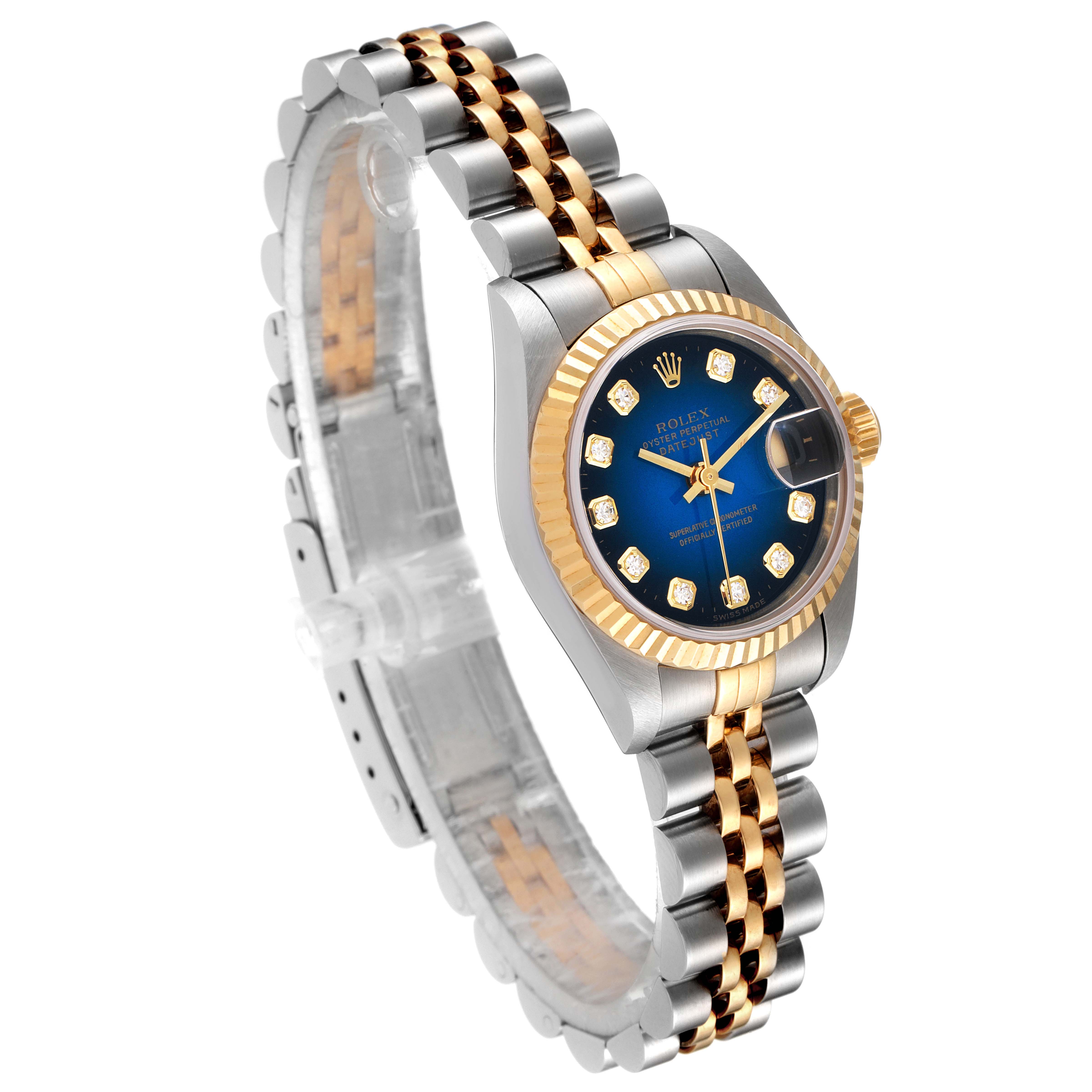 The image shows a Rolex Datejust 69173 Women's Steel and Gold (two tone) Blue Dial 69173 Women's Steel and Gold (two tone) Blue Dial watch at an angle displaying the face, bezel, crown, and bracelet.