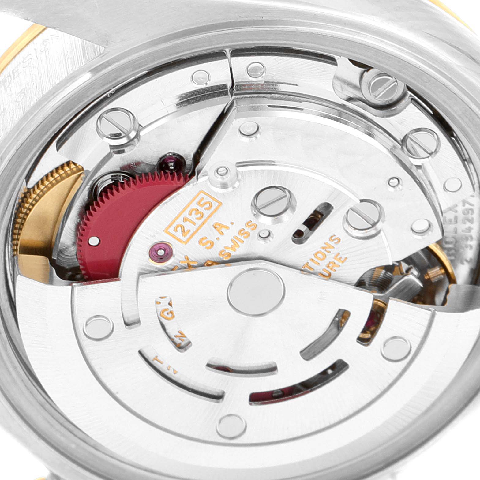 The image shows the internal mechanism of the Rolex Datejust 69173 Women's Steel and Gold (two tone) Blue Dial 69173 Women's Steel and Gold (two tone) Blue Dial watch, focusing on its intricate automatic movement components.