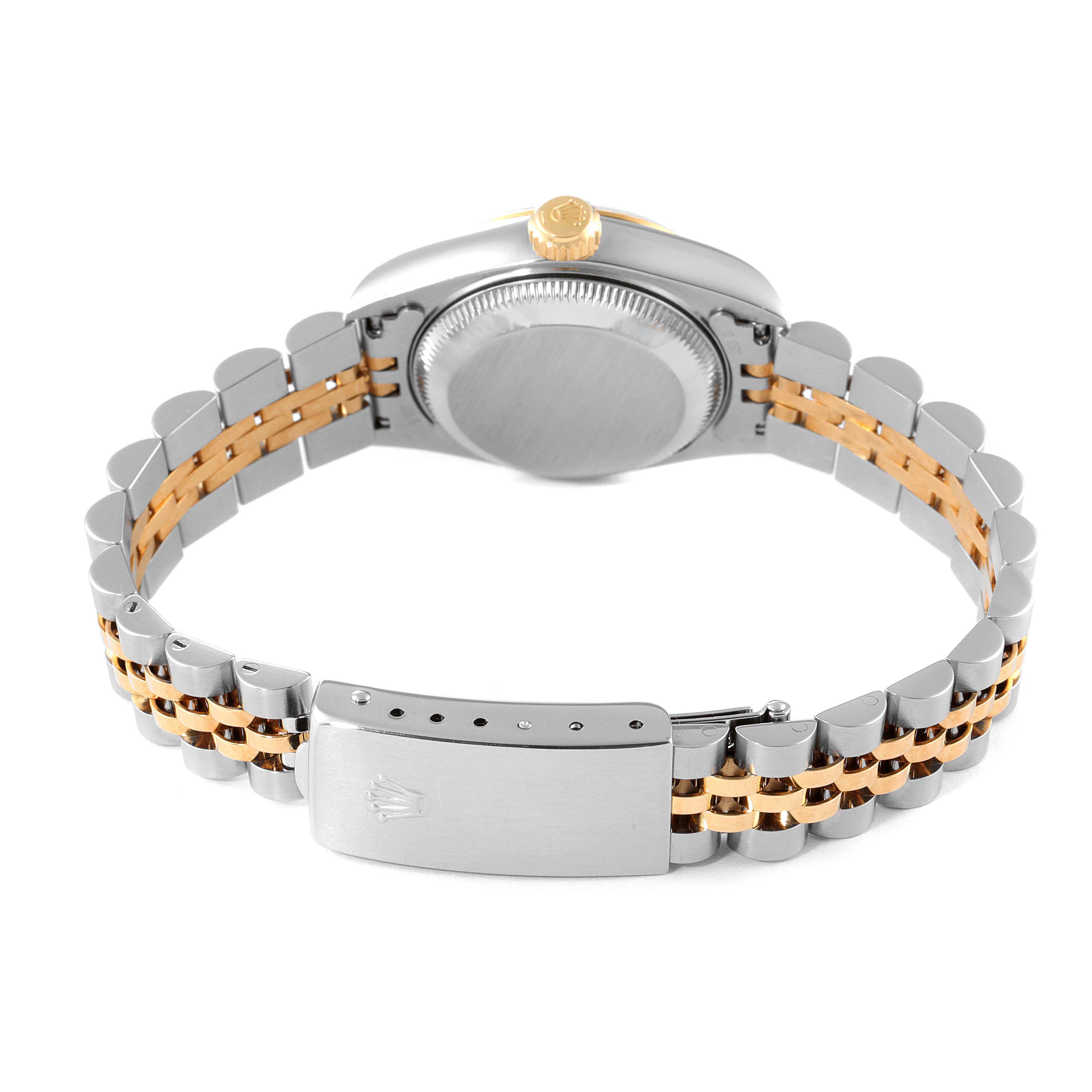 The image shows the back case, crown, and clasp of a Rolex Datejust 69173 Women's Steel and Gold (two tone) Blue Dial 69173 Women's Steel and Gold (two tone) Blue Dial watch.