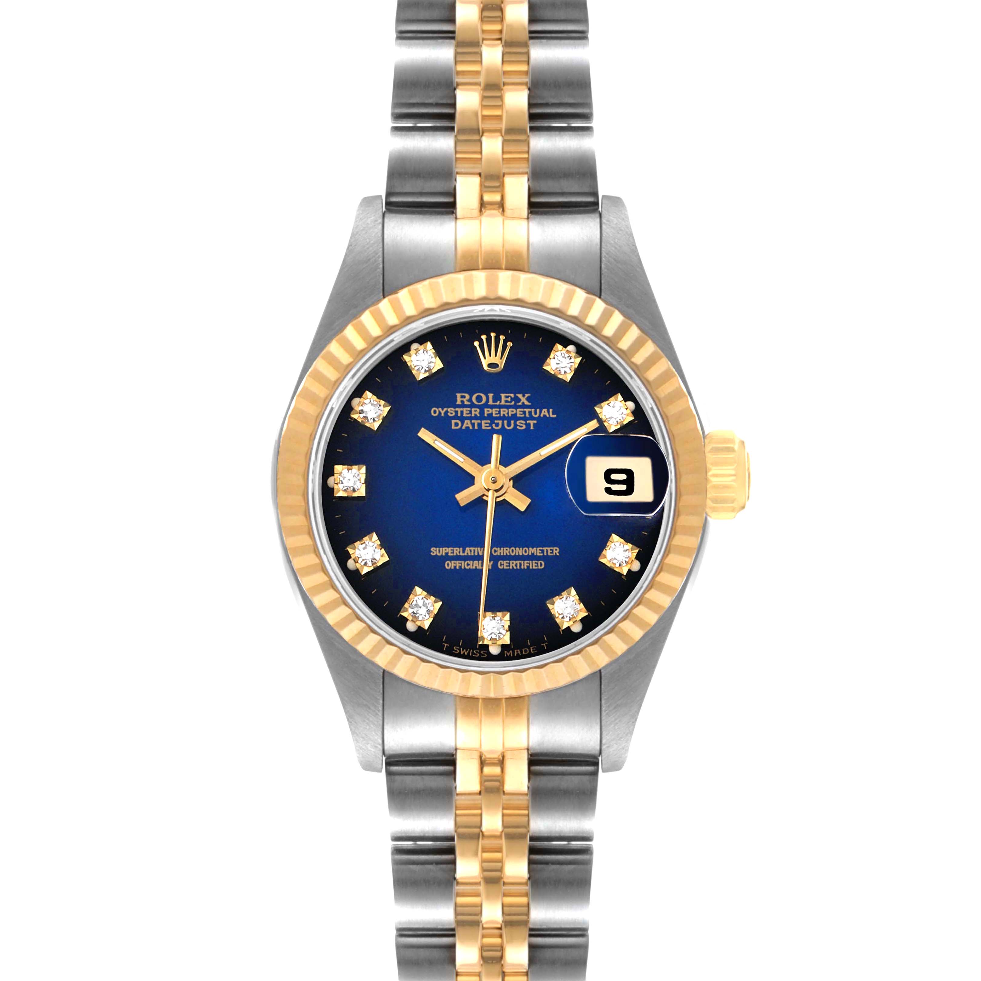 The image shows a front view of a Rolex Datejust 69173 Women's Steel and Gold (two tone) Blue Dial 69173 Women's Steel and Gold (two tone) Blue Dial watch, highlighting its blue dial, gold fluted bezel, and two-tone bracelet.
