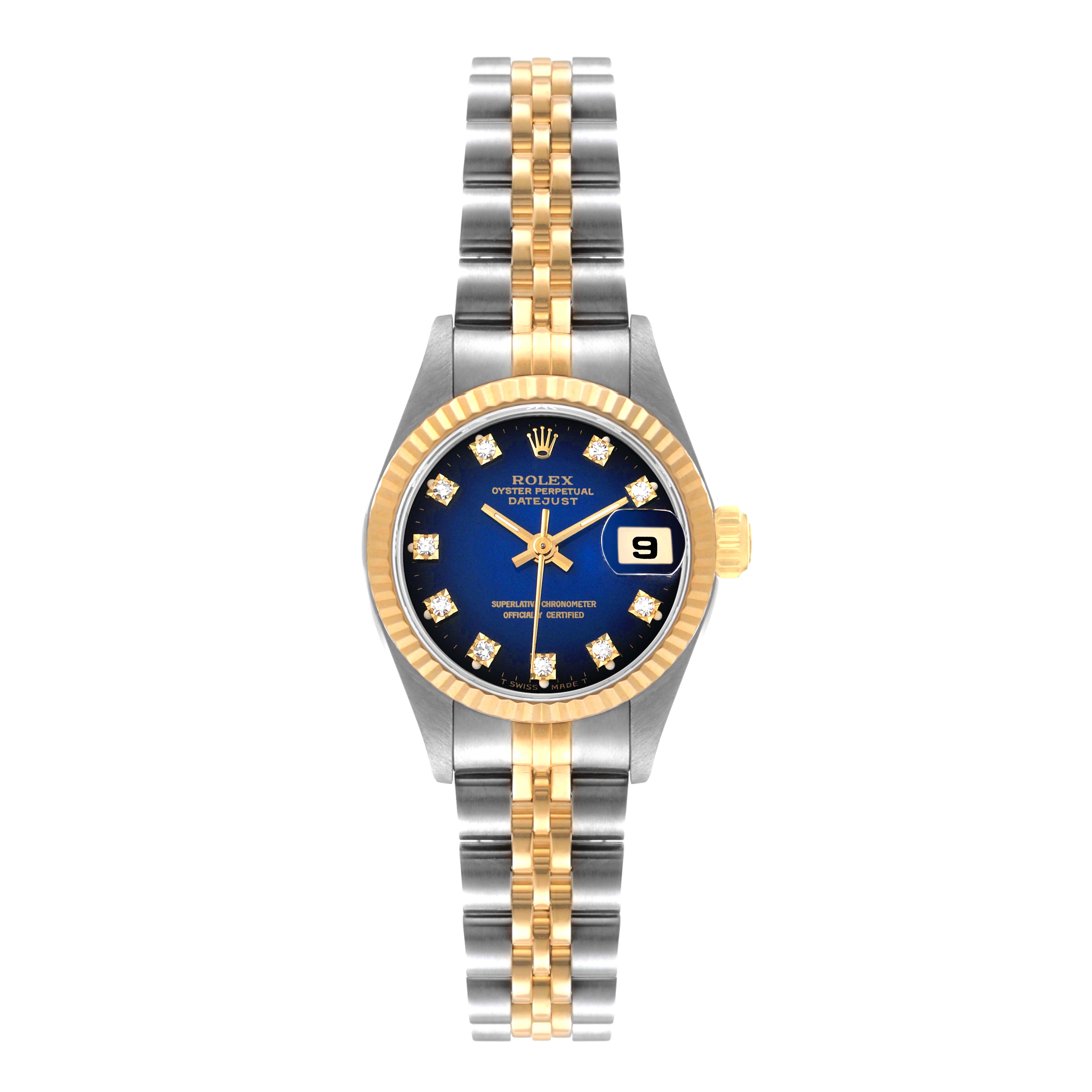 The image shows a Rolex Datejust 69173 Women's Steel and Gold (two tone) Blue Dial 69173 Women's Steel and Gold (two tone) Blue Dial watch from a top view, featuring its face, bezel, and bracelet.