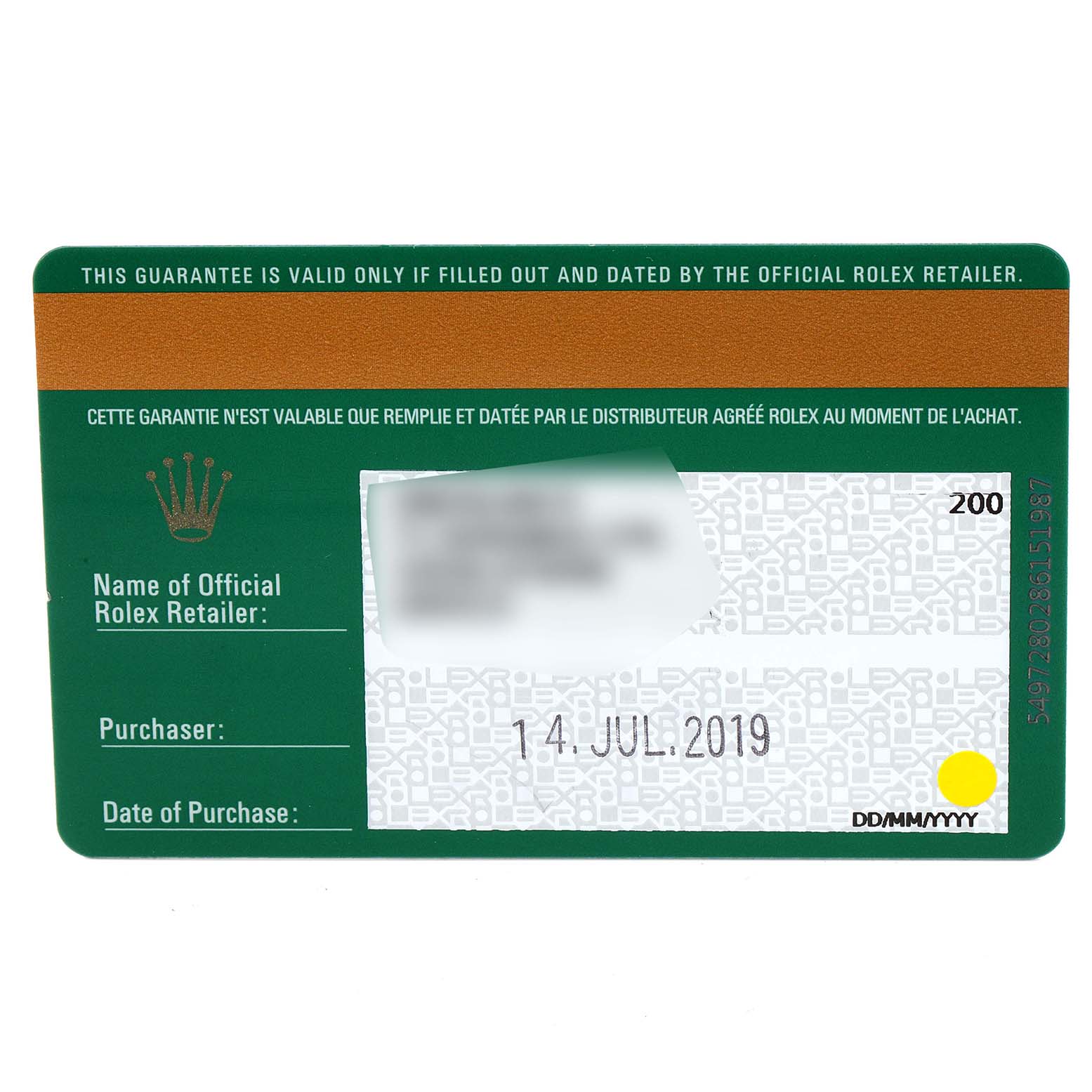 This image shows the guarantee card for the Rolex Datejust 279173 Women
s Steel and Gold (two tone) Champagne Dial 279173 Women
s Steel and Gold (two tone) Champagne Dial model, featuring purchase details and retailer information.