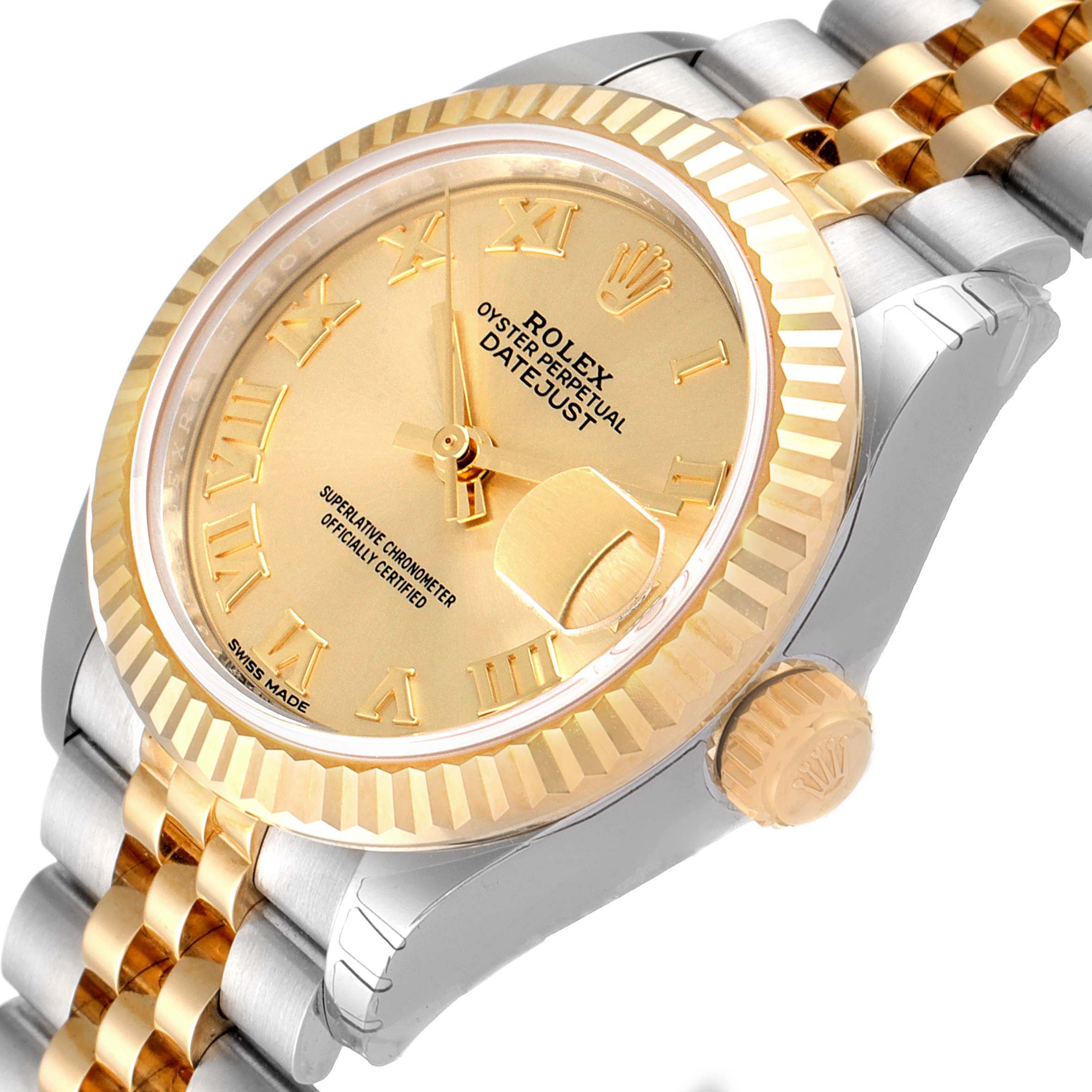 The image shows a Rolex Datejust 279173 Women
s Steel and Gold (two tone) Champagne Dial 279173 Women
s Steel and Gold (two tone) Champagne Dial watch from an angled perspective, highlighting the gold dial, fluted bezel, crown, and two-tone bracelet.