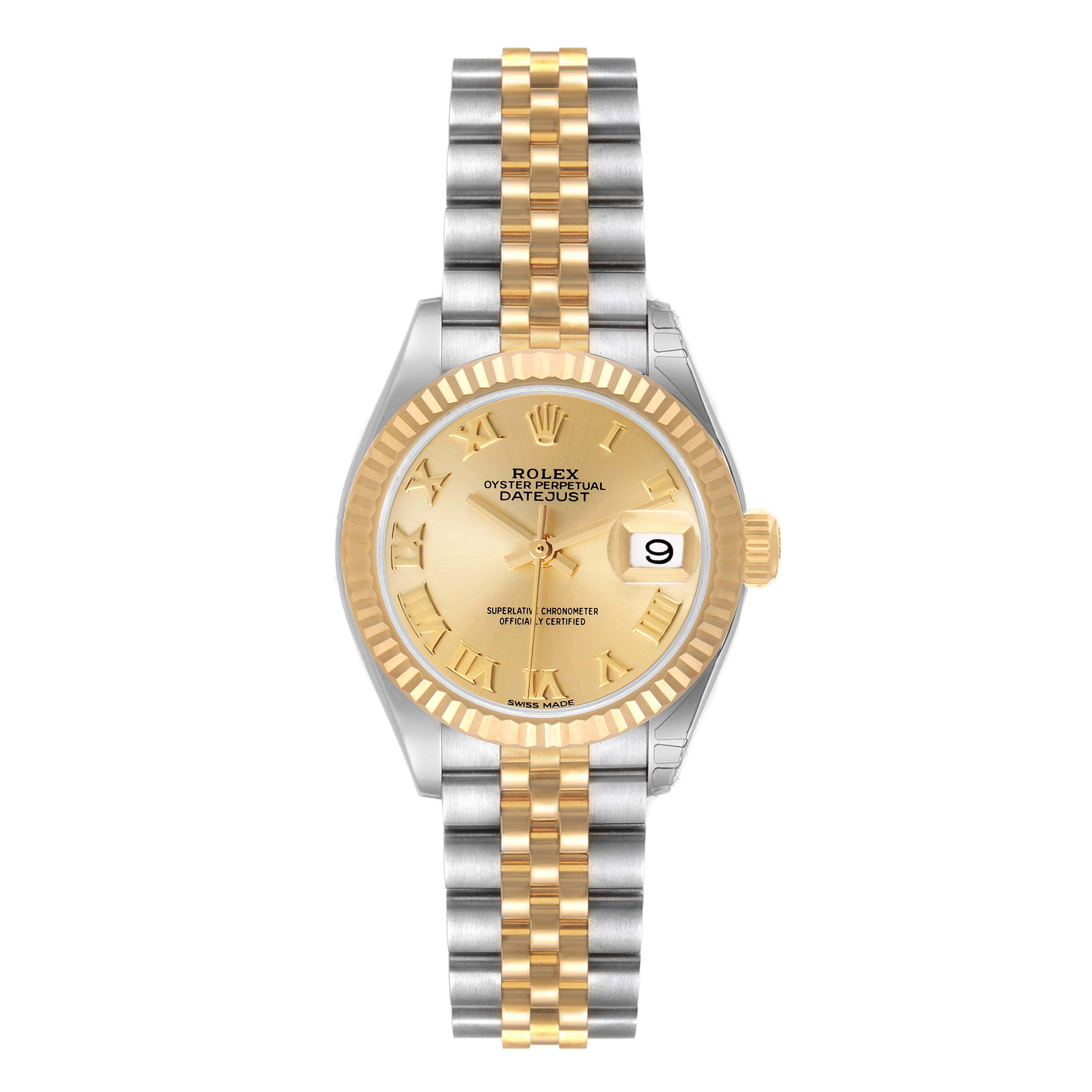 The image shows a full frontal view of a Rolex Datejust 279173 Women
s Steel and Gold (two tone) Champagne Dial 279173 Women
s Steel and Gold (two tone) Champagne Dial watch with a gold dial and a two-tone bracelet.