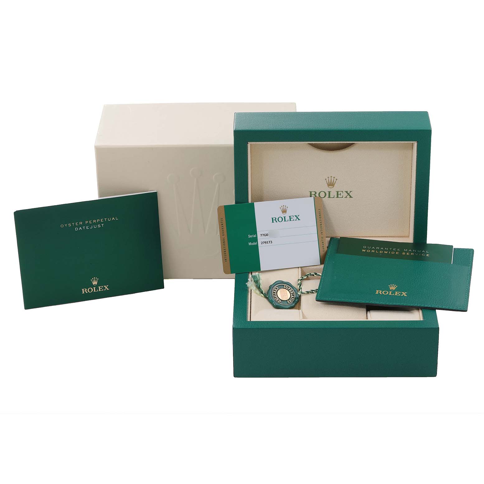 The image shows the packaging and accessories for a Rolex Datejust 279173 Women
s Steel and Gold (two tone) Champagne Dial 279173 Women
s Steel and Gold (two tone) Champagne Dial, including the warranty card, manual, and box.