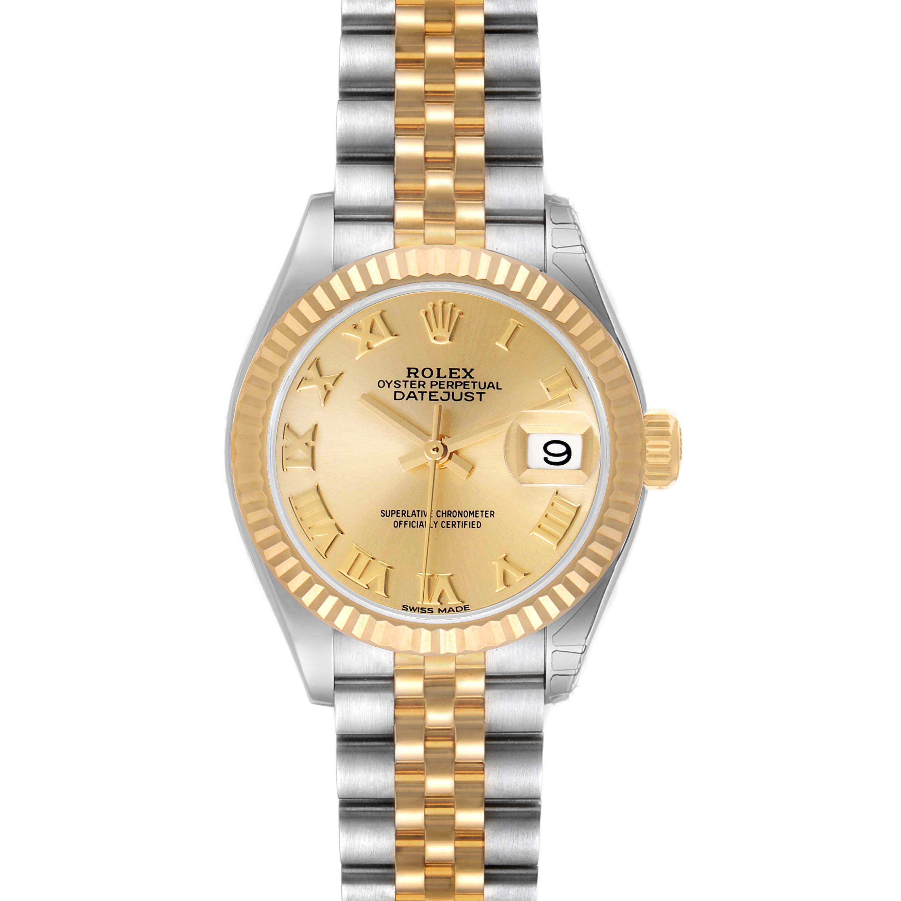 The image shows a frontal view of the Rolex Datejust 279173 Women
s Steel and Gold (two tone) Champagne Dial 279173 Women
s Steel and Gold (two tone) Champagne Dial watch, displaying the face, bezel, and two-tone bracelet.