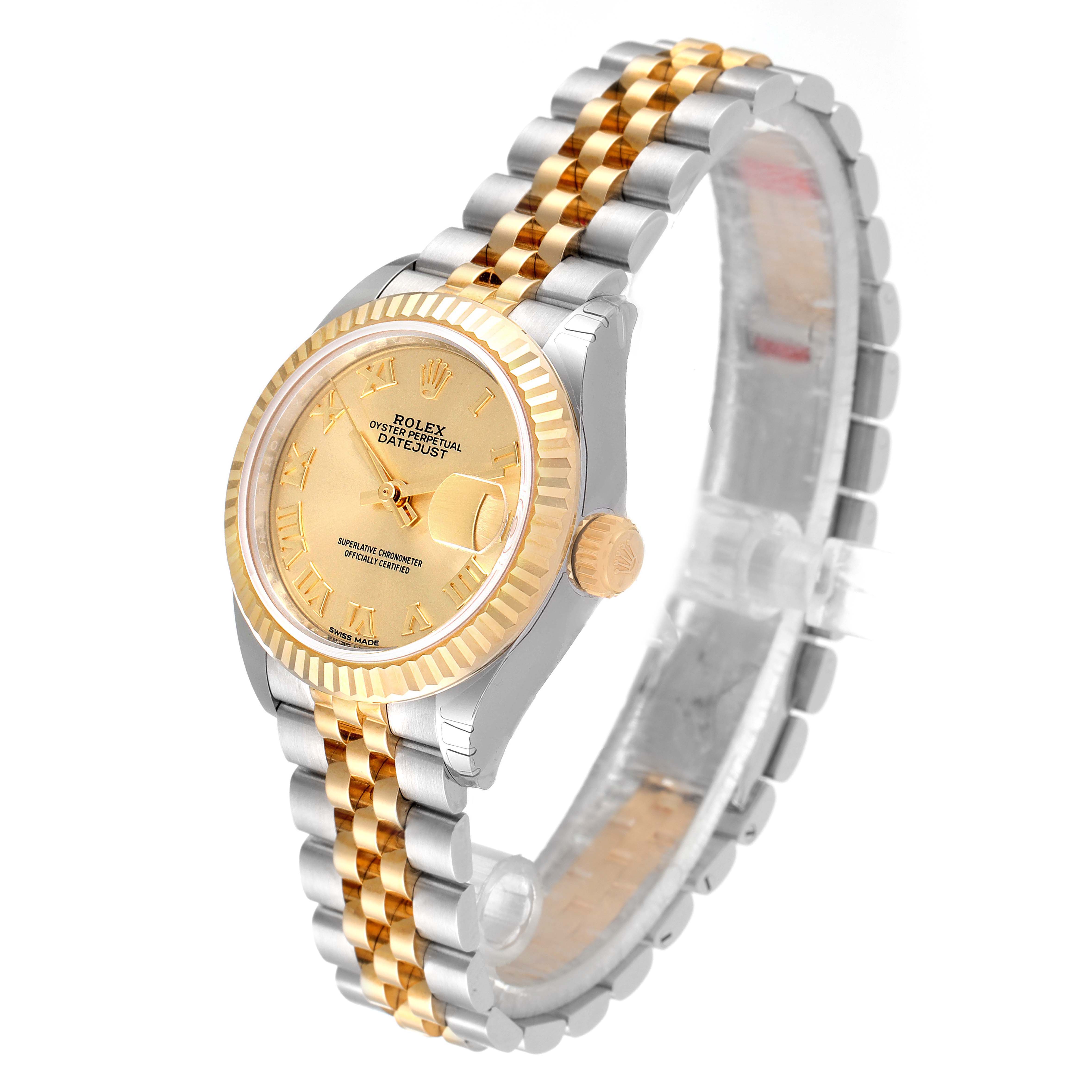 The Rolex Datejust 279173 Women
s Steel and Gold (two tone) Champagne Dial 279173 Women
s Steel and Gold (two tone) Champagne Dial watch is shown at an oblique angle, highlighting the dial, bezel, case, and two-tone bracelet.