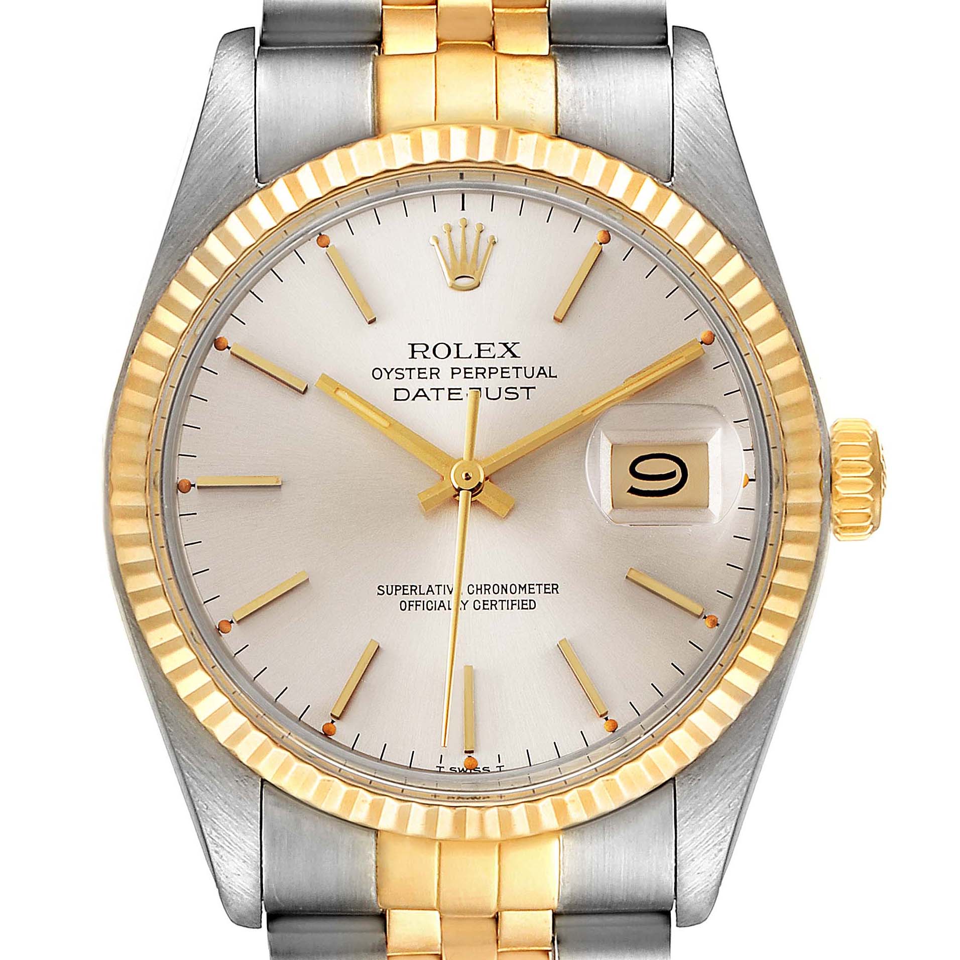 The image shows a close-up, front angle of the Rolex Vintage Collection 16013 Men's Steel and Gold (two tone) Silver Dial 16013 Men's Steel and Gold (two tone) Silver Dial, Datejust model watch, highlighting its face and bezel.