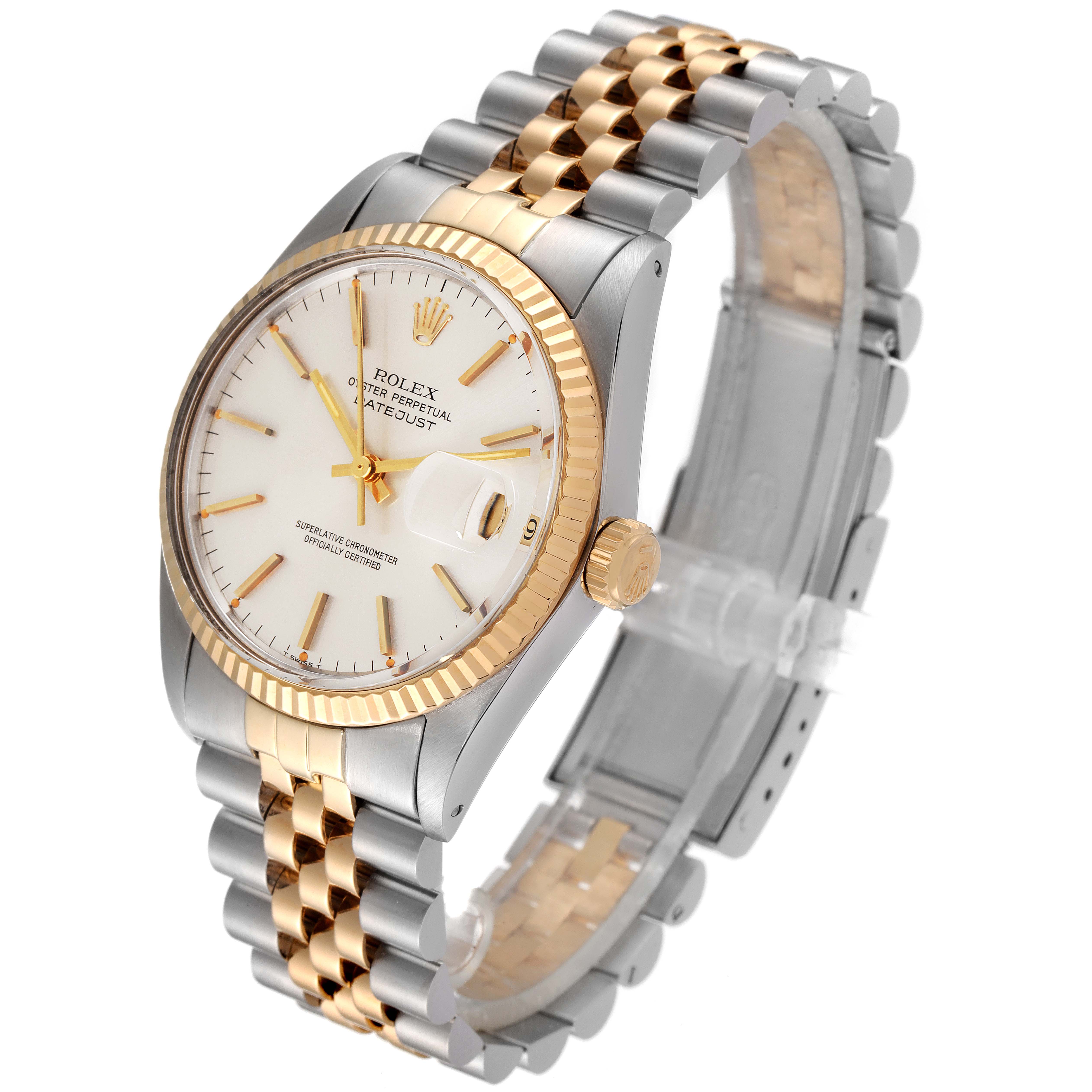 The image shows a Rolex Vintage Collection 16013 Men's Steel and Gold (two tone) Silver Dial 16013 Men's Steel and Gold (two tone) Silver Dial Datejust watch at an angled view, displaying its gold bezel, crown, and two-tone bracelet.