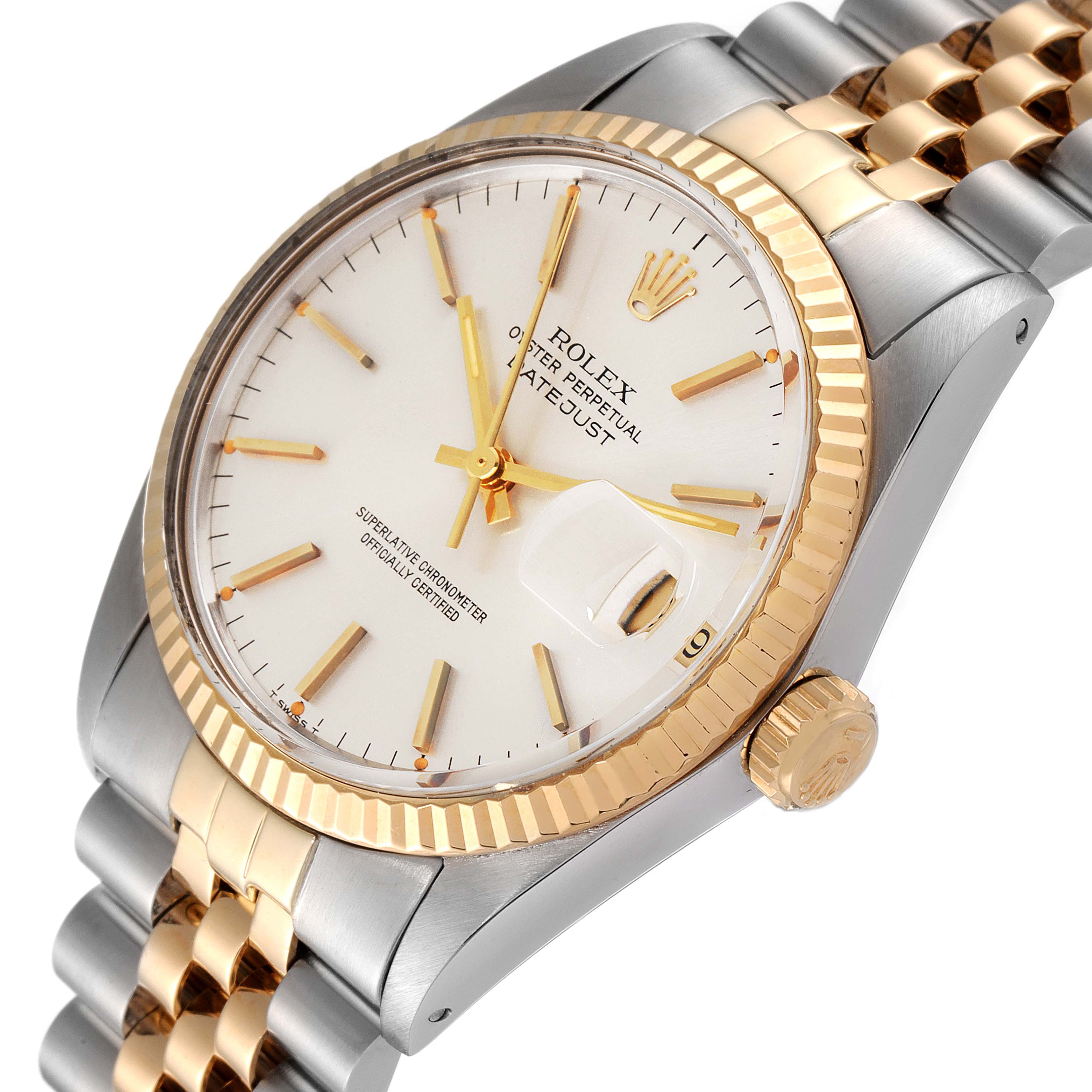 The image shows a side-angle view of the Rolex Vintage Collection 16013 Men's Steel and Gold (two tone) Silver Dial 16013 Men's Steel and Gold (two tone) Silver Dial model, highlighting the dial, bezel, crown, and part of the bracelet.