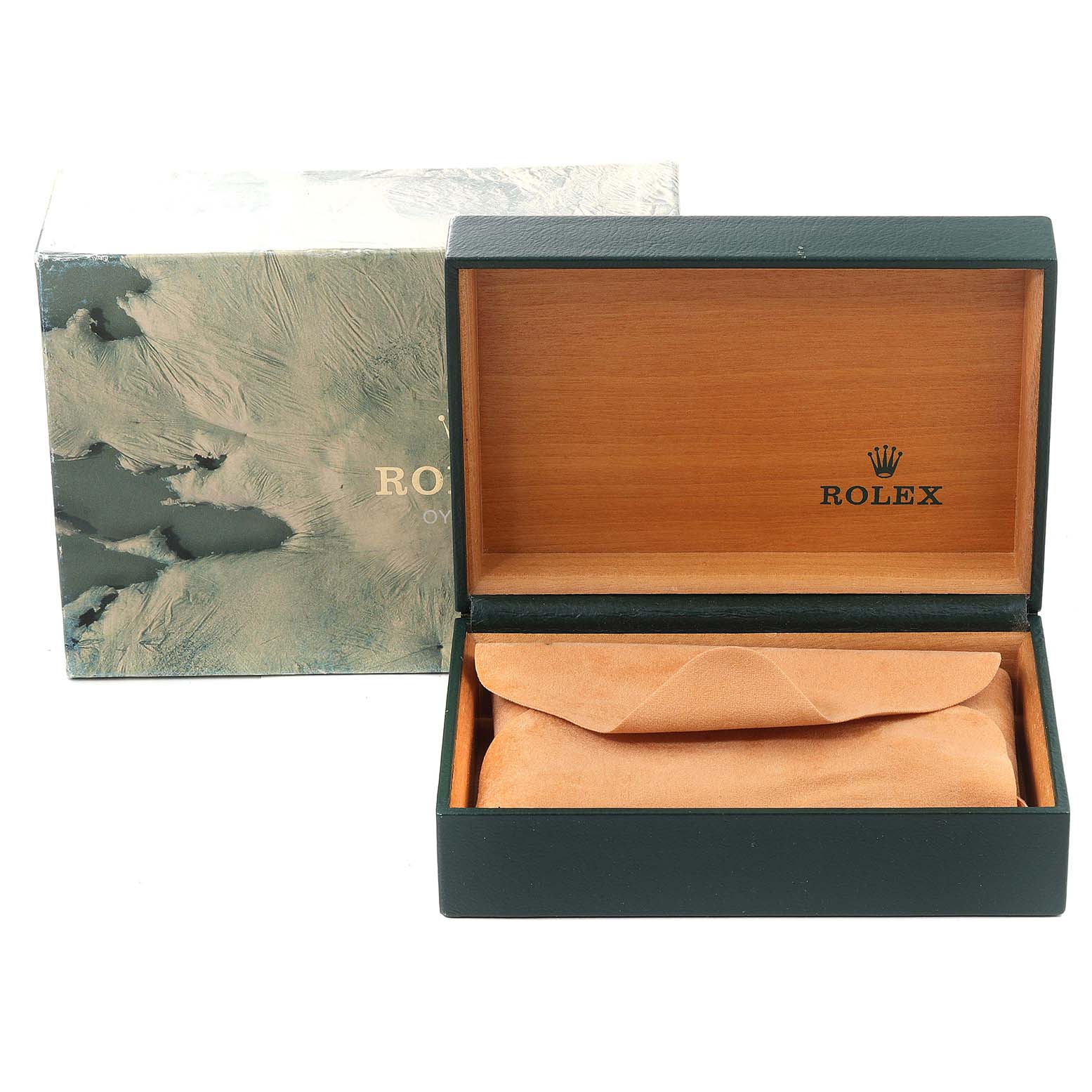 The image shows an open Rolex Vintage Collection 16013 Men's Steel and Gold (two tone) Silver Dial 16013 Men's Steel and Gold (two tone) Silver Dial watch box, including an outer box and a watch pillow inside.