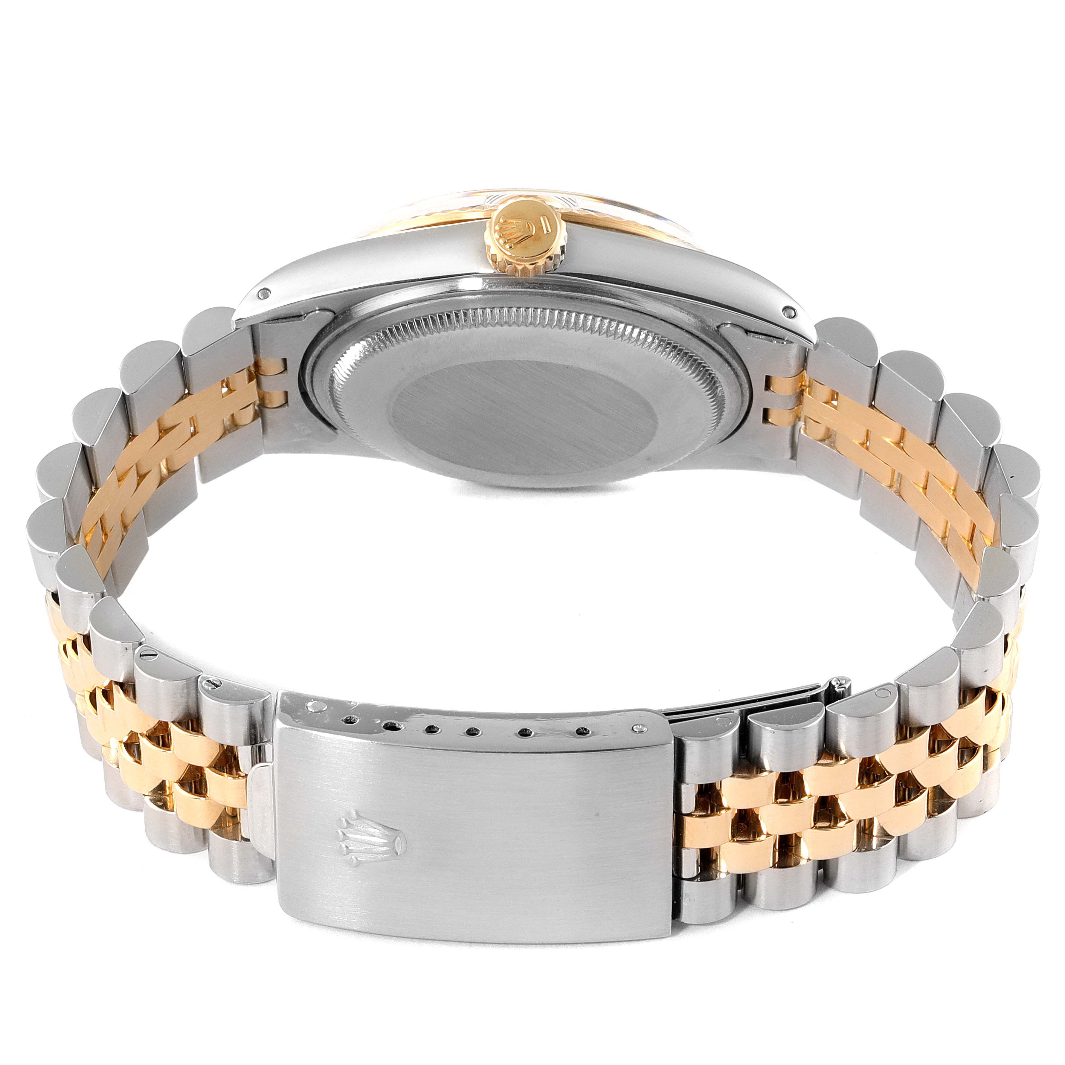 The image shows the back view of a Rolex Vintage Collection 16013 Men's Steel and Gold (two tone) Silver Dial 16013 Men's Steel and Gold (two tone) Silver Dial watch, highlighting its two-tone bracelet and clasp.