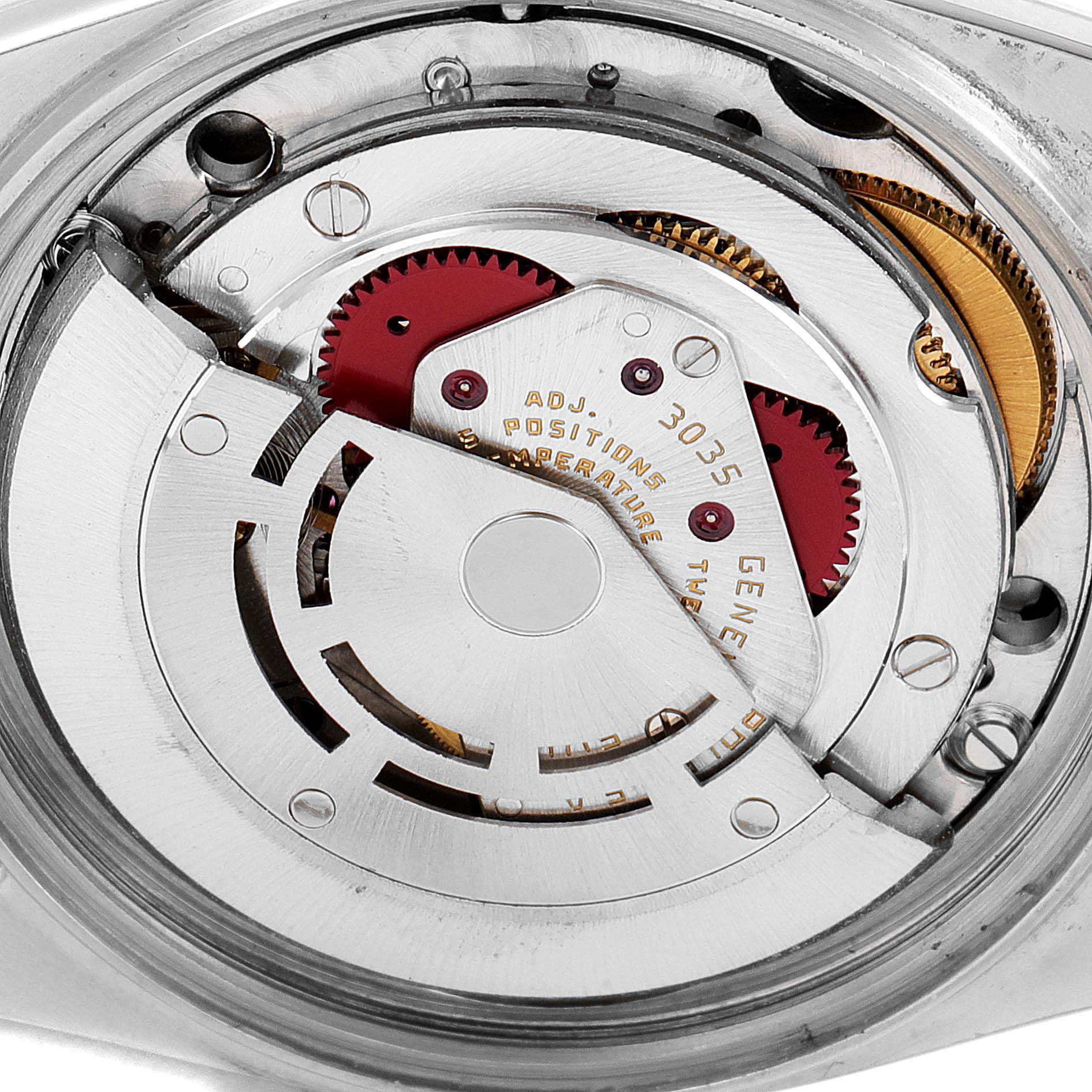 This image shows a close-up of the movement mechanism inside a Rolex Vintage Collection 16013 Men's Steel and Gold (two tone) Silver Dial 16013 Men's Steel and Gold (two tone) Silver Dial watch model.