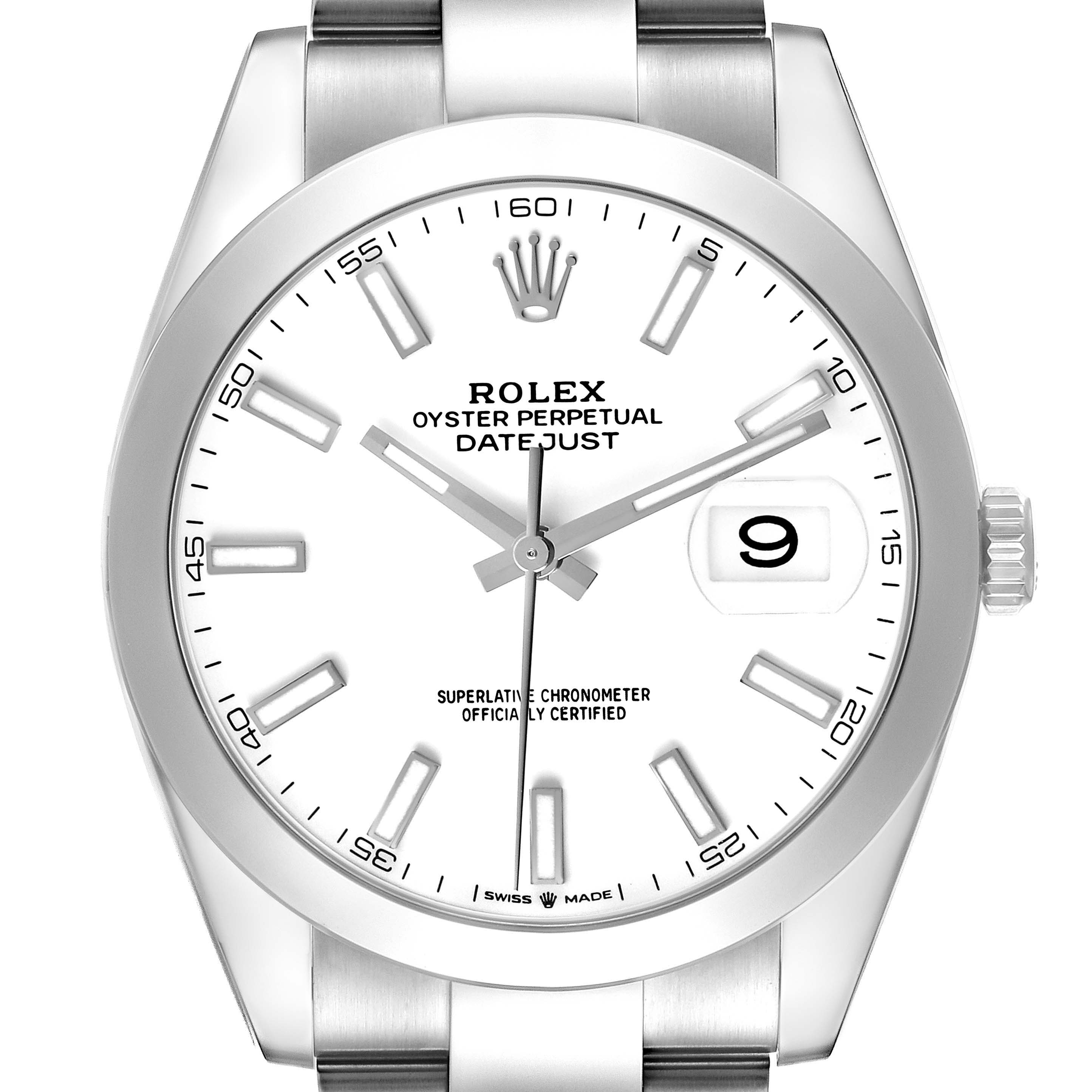 The Rolex Datejust 41 126300 Men's Stainless Steel White Dial watch is shown from a front angle, displaying the dial, bezel, and a portion of the bracelet.
