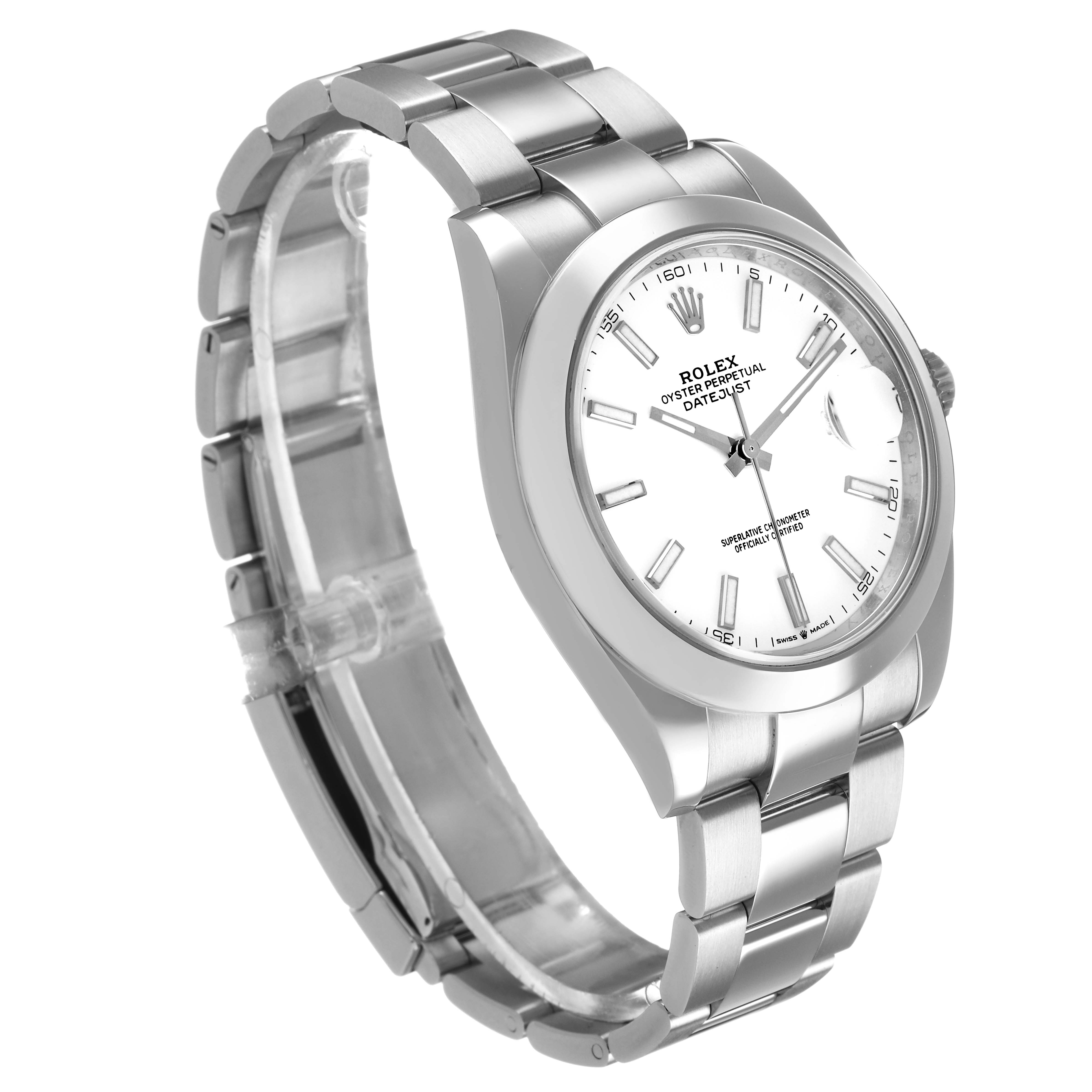 The Rolex Datejust 41 126300 Men's Stainless Steel White Dial is shown from a three-quarter angle, highlighting its dial, bracelet, and crown.