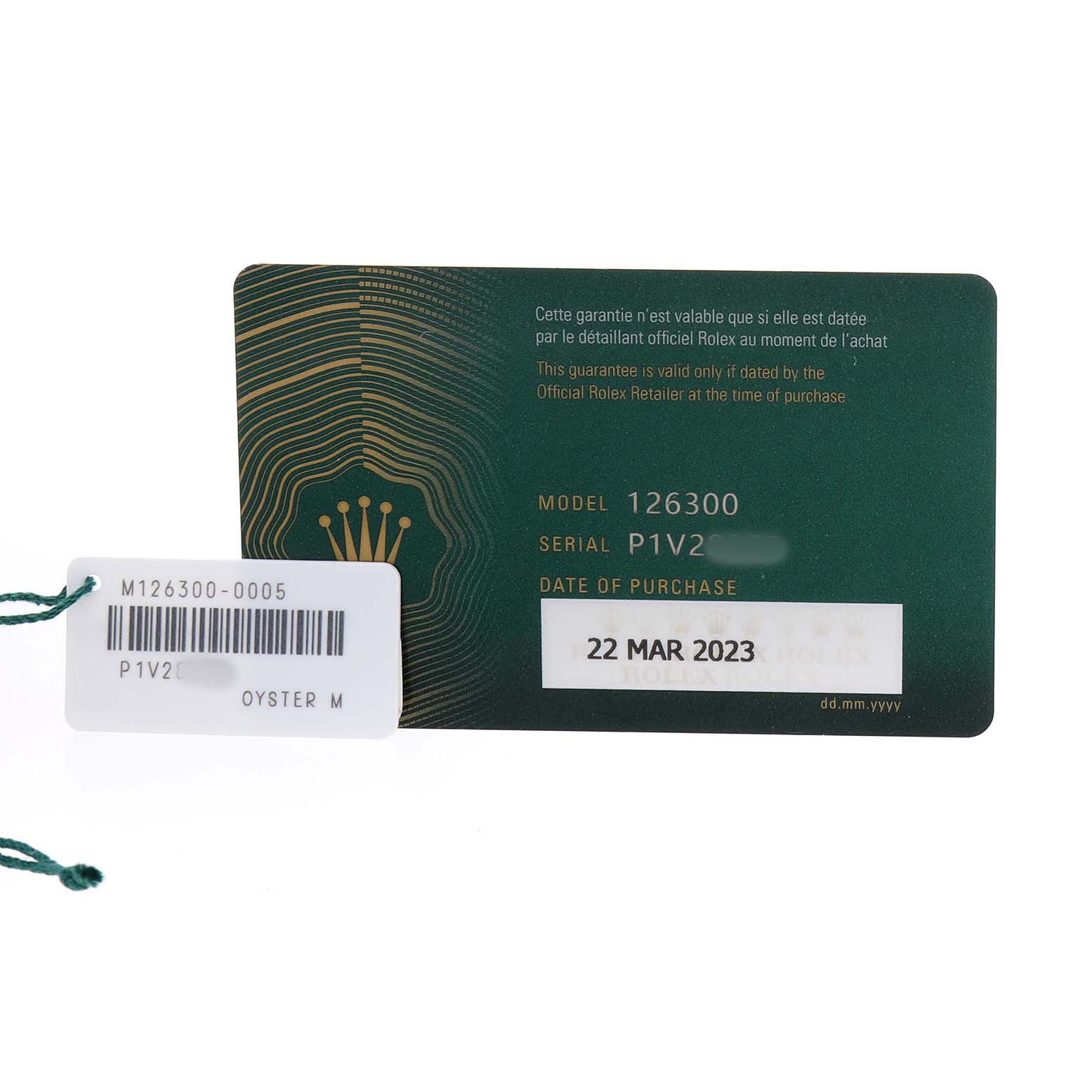 The image shows the warranty card and tag for a Rolex Datejust 41 126300 Men's Stainless Steel White Dial, displaying model and serial number details.