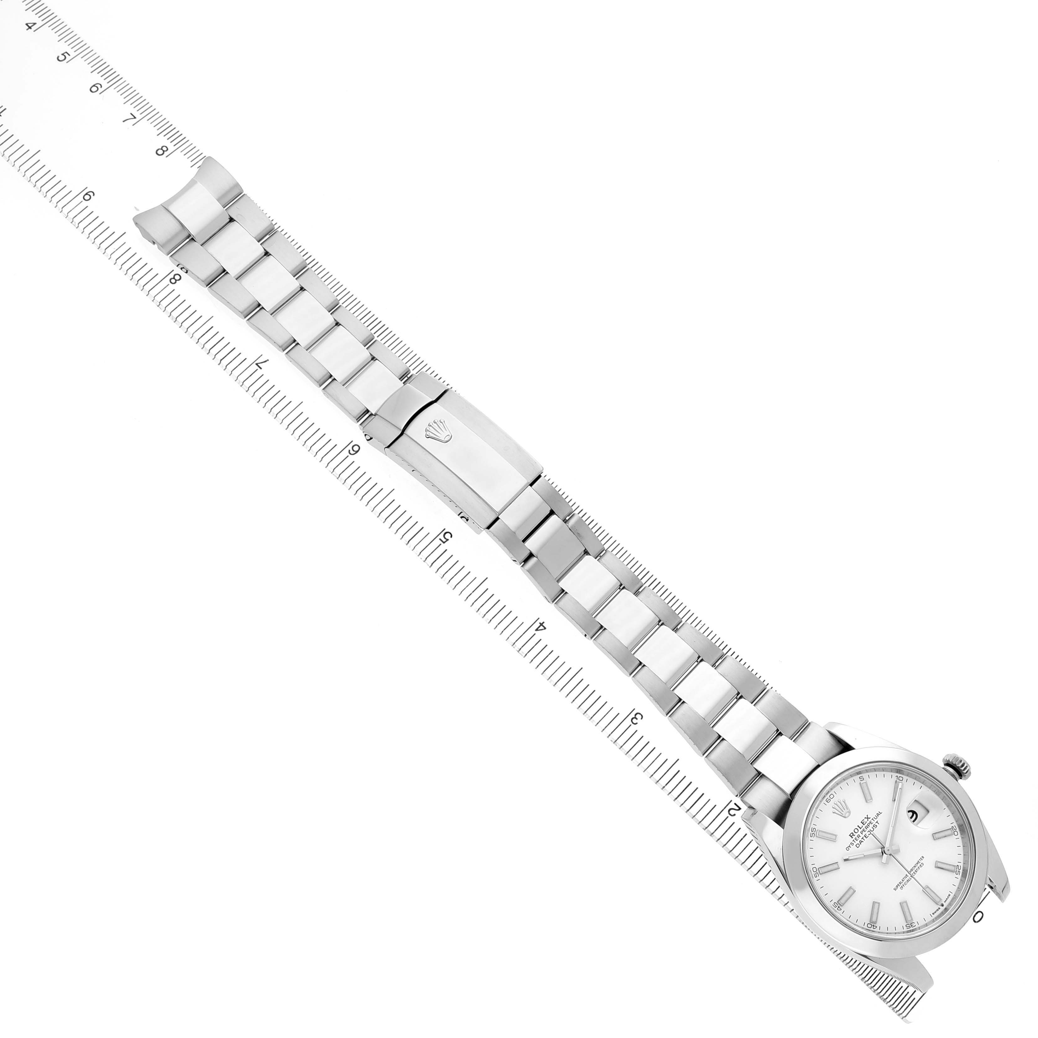 The Rolex Datejust 41 126300 Men's Stainless Steel White Dial watch is shown from an overhead angle, displaying the full bracelet, clasp, and face.