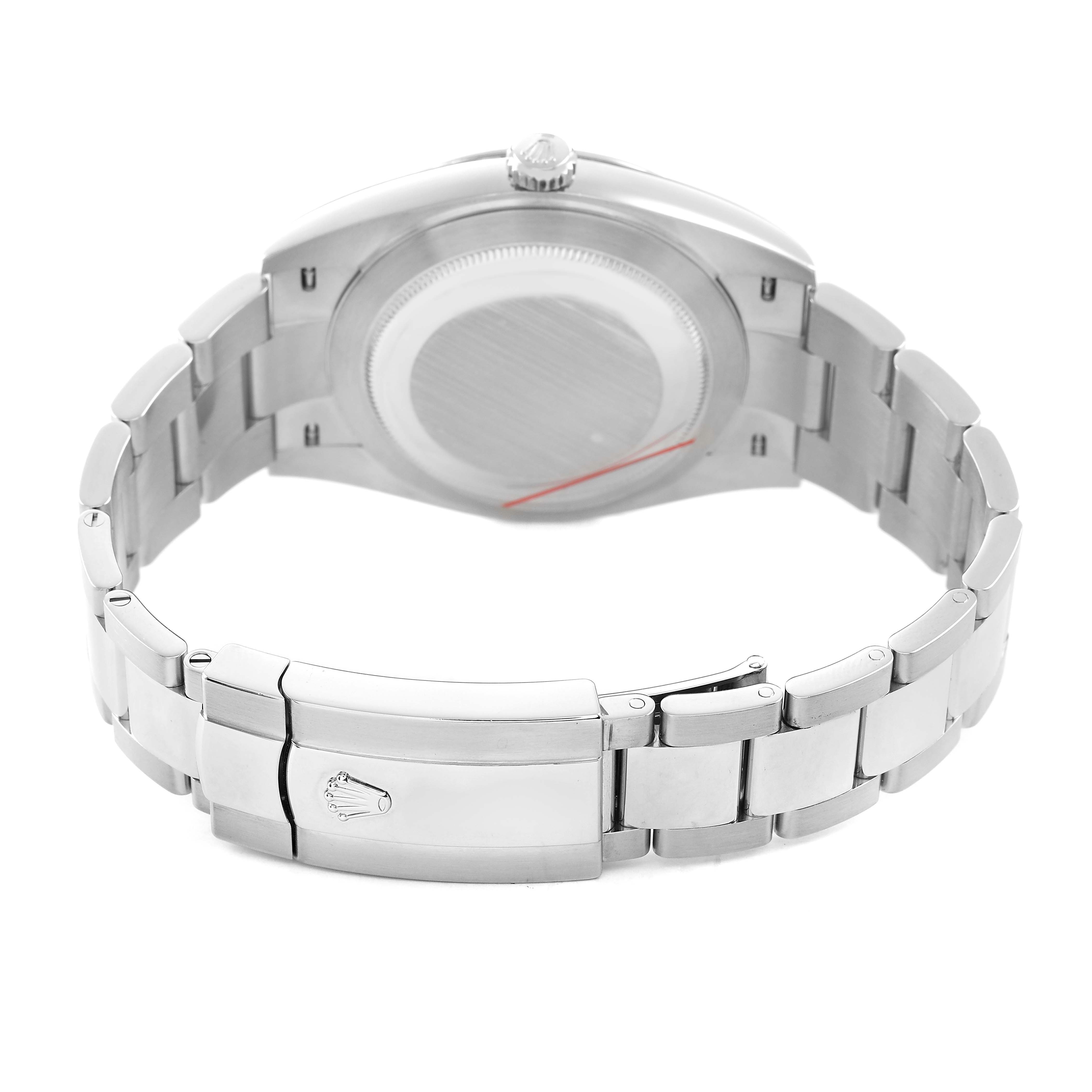 The image shows the back view of a Rolex Datejust 41 126300 Men's Stainless Steel White Dial, highlighting the clasp and bracelet links.