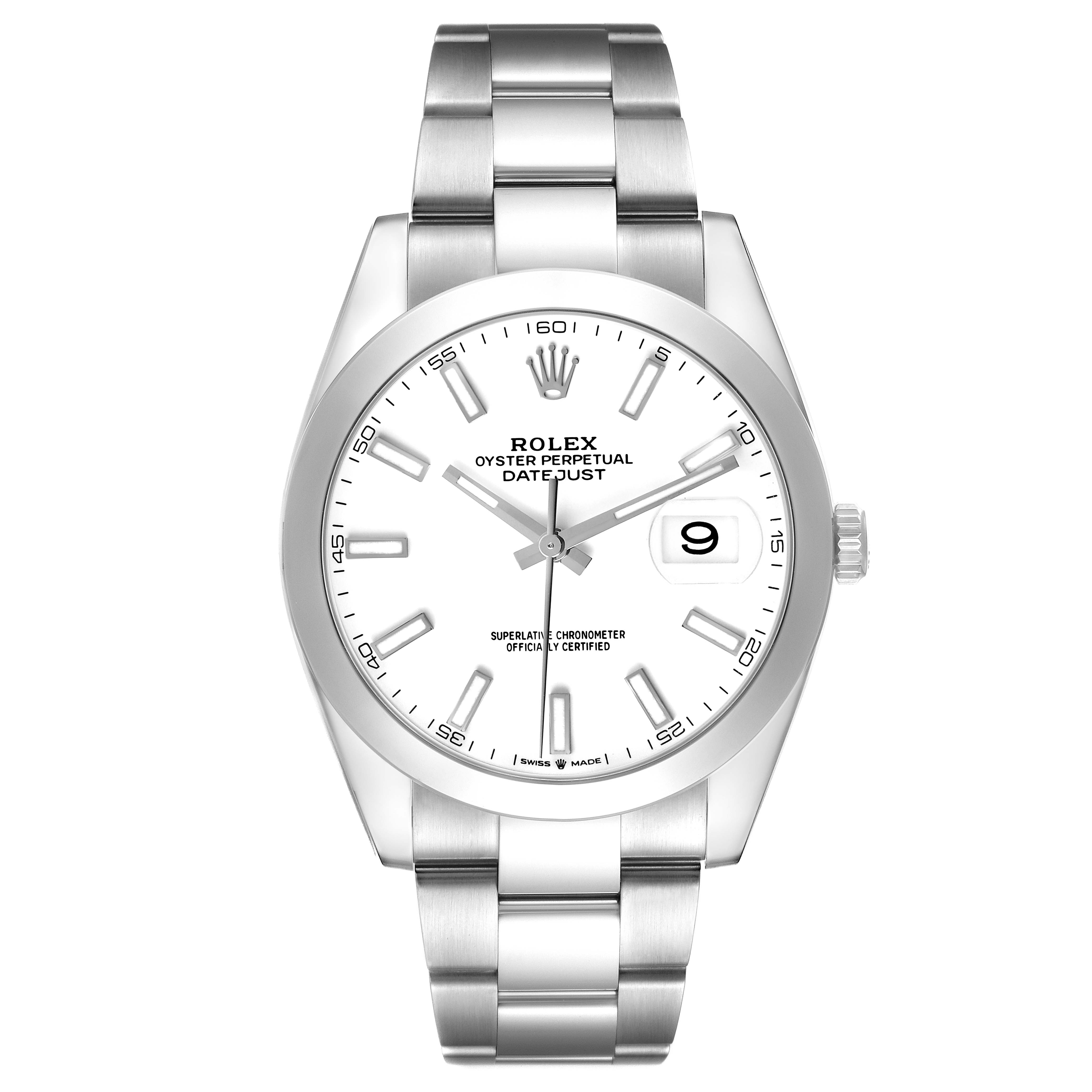 The Rolex Datejust 41 126300 Men's Stainless Steel White Dial is shown from a front angle, highlighting the dial, bracelet, and date magnifier.