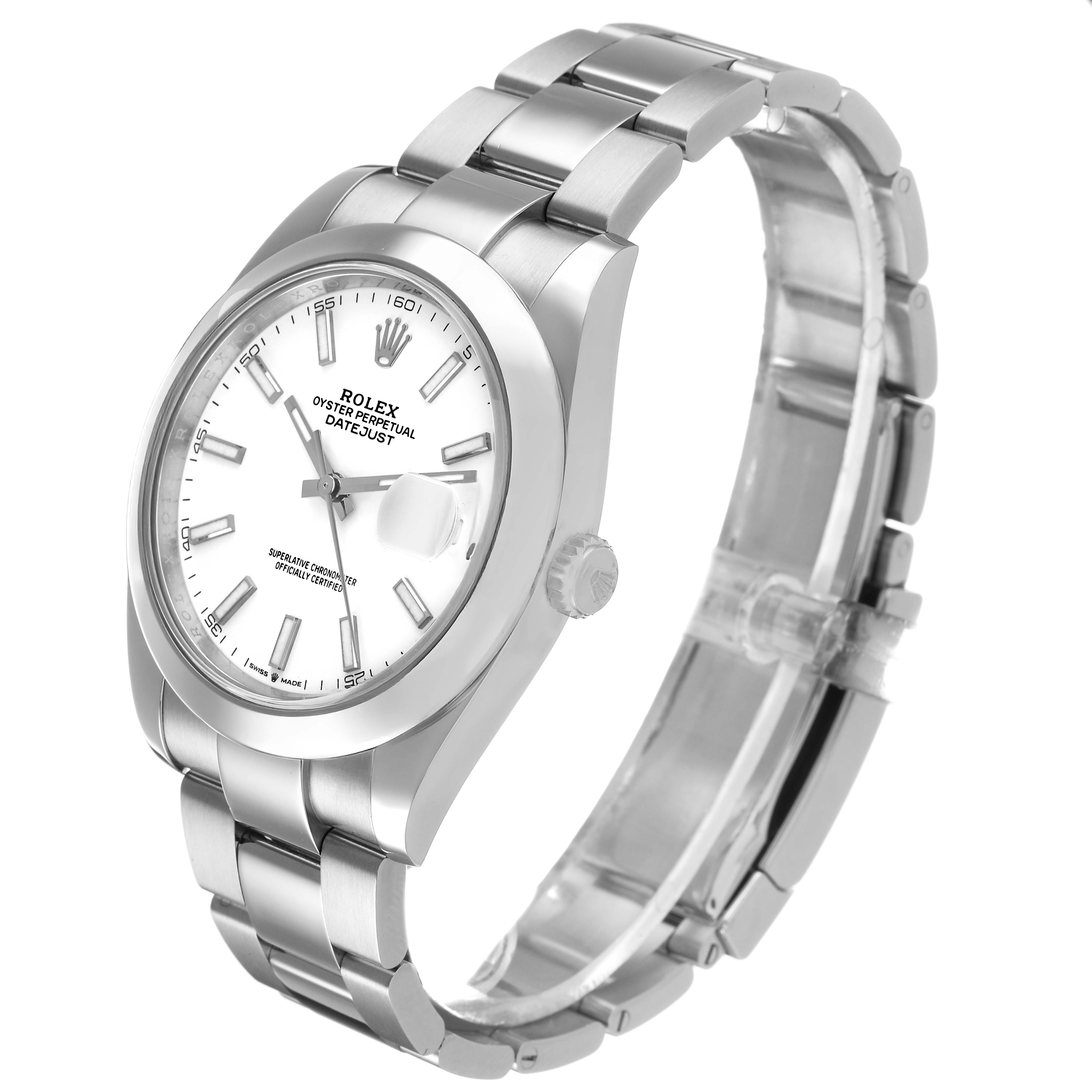 The Rolex Datejust 41 126300 Men's Stainless Steel White Dial is shown from a three-quarter angle, displaying the face, bezel, crown, and part of the bracelet.