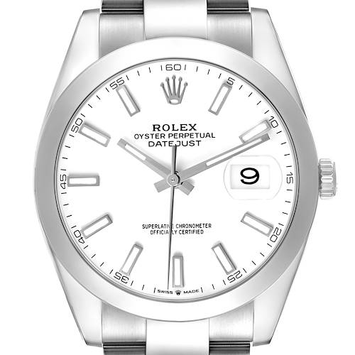 The Rolex Datejust 41 126300 Men's Stainless Steel White Dial is shown from a front angle, featuring its dial, hour markers, hands, and the date window.