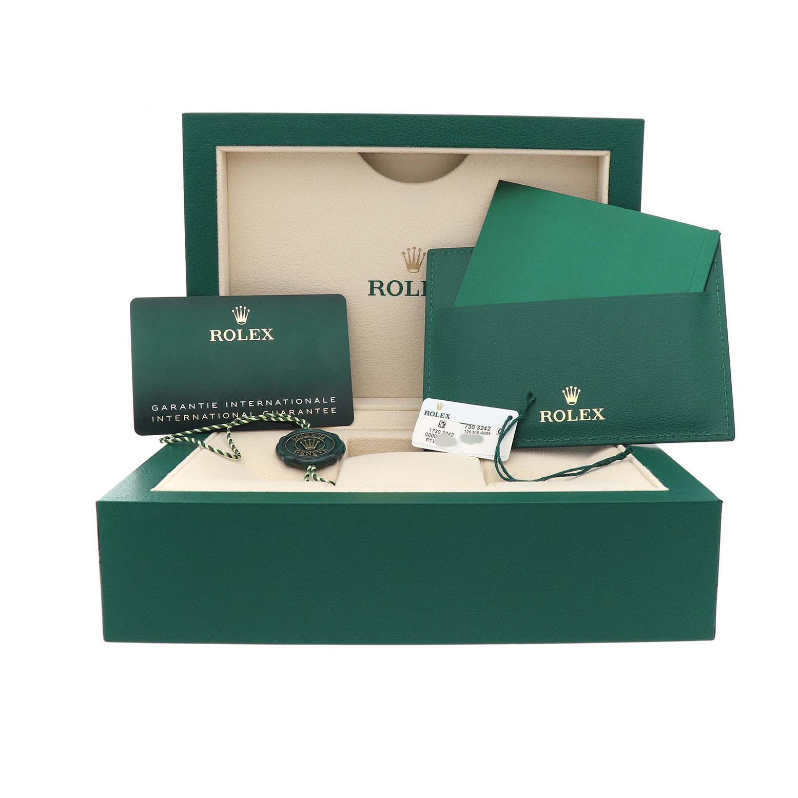 This image shows the Rolex Datejust 41 126300 Men's Stainless Steel White Dial packaging, including the box, warranty card, tag, and booklet.