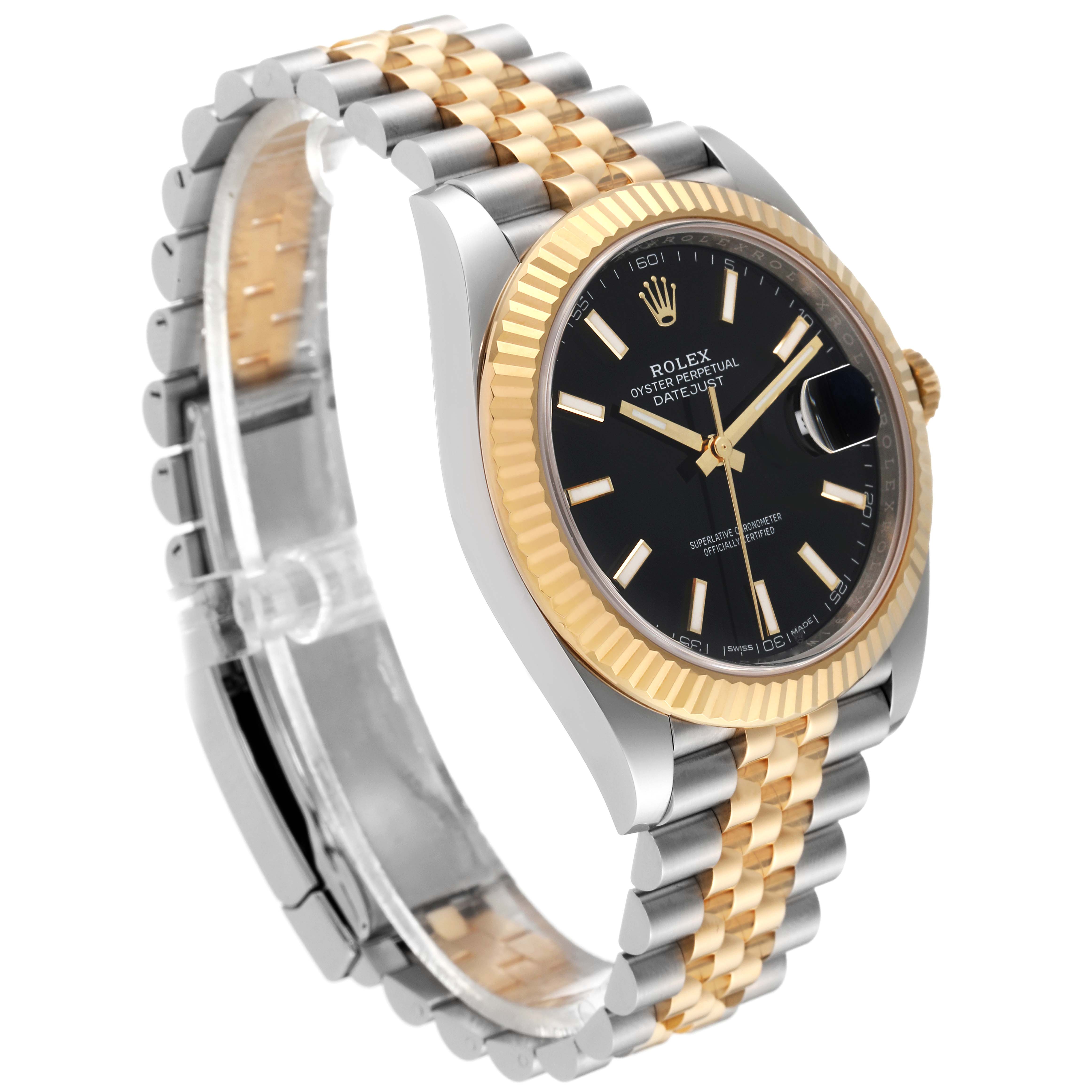 The image shows a Rolex Datejust 41 126333 Men's Steel and Gold (two tone) Black Dial 126333 Men's Steel and Gold (two tone) Black Dial model at a three-quarter angle, displaying its jubilee bracelet, black dial, and fluted bezel.