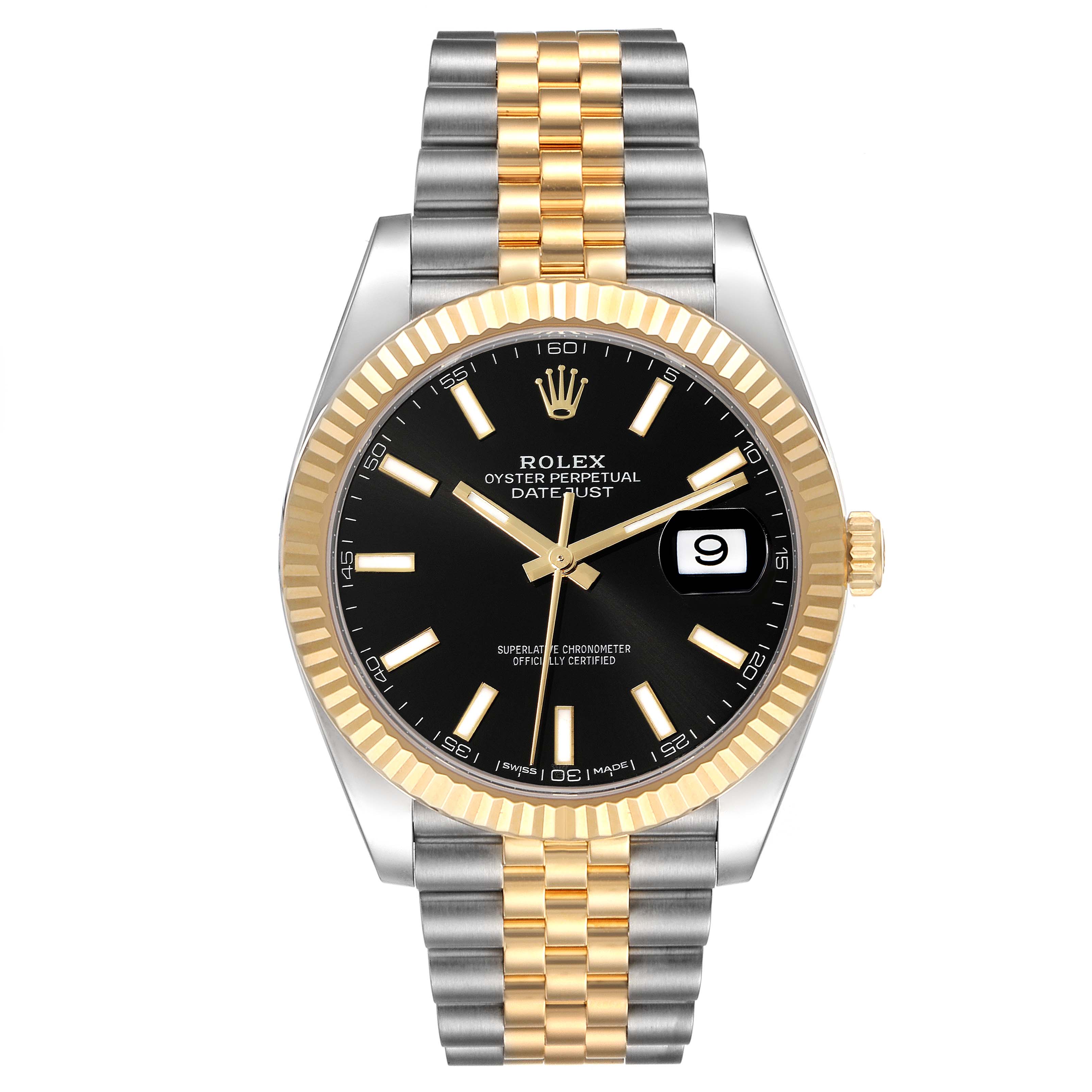 This image shows a front view of the Rolex Datejust 41 126333 Men's Steel and Gold (two tone) Black Dial 126333 Men's Steel and Gold (two tone) Black Dial watch, featuring a two-tone band and a black dial with a date display.