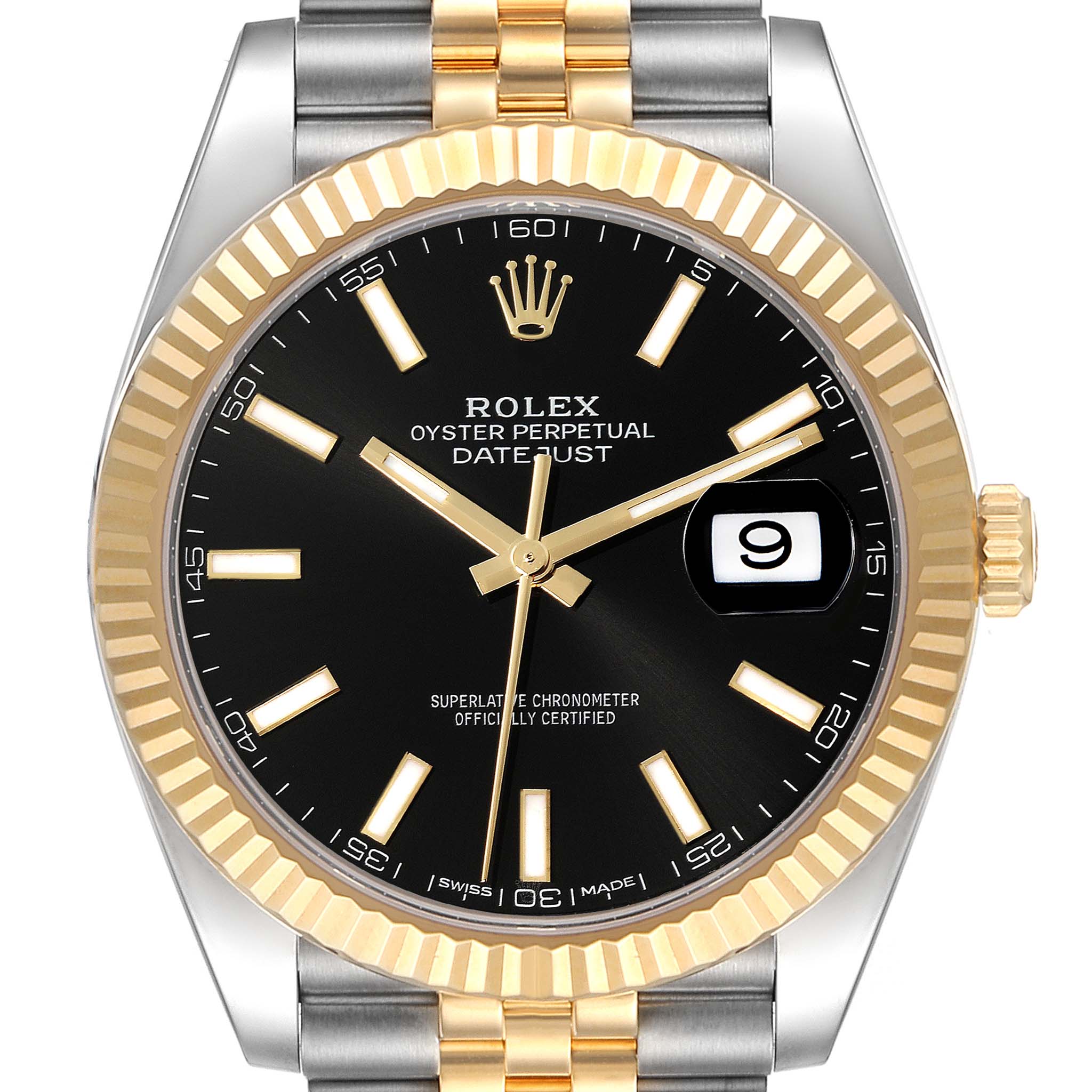 This image shows a front view of the Rolex Datejust 41 126333 Men's Steel and Gold (two tone) Black Dial 126333 Men's Steel and Gold (two tone) Black Dial model, highlighting the dial, date window, and two-tone bezel.