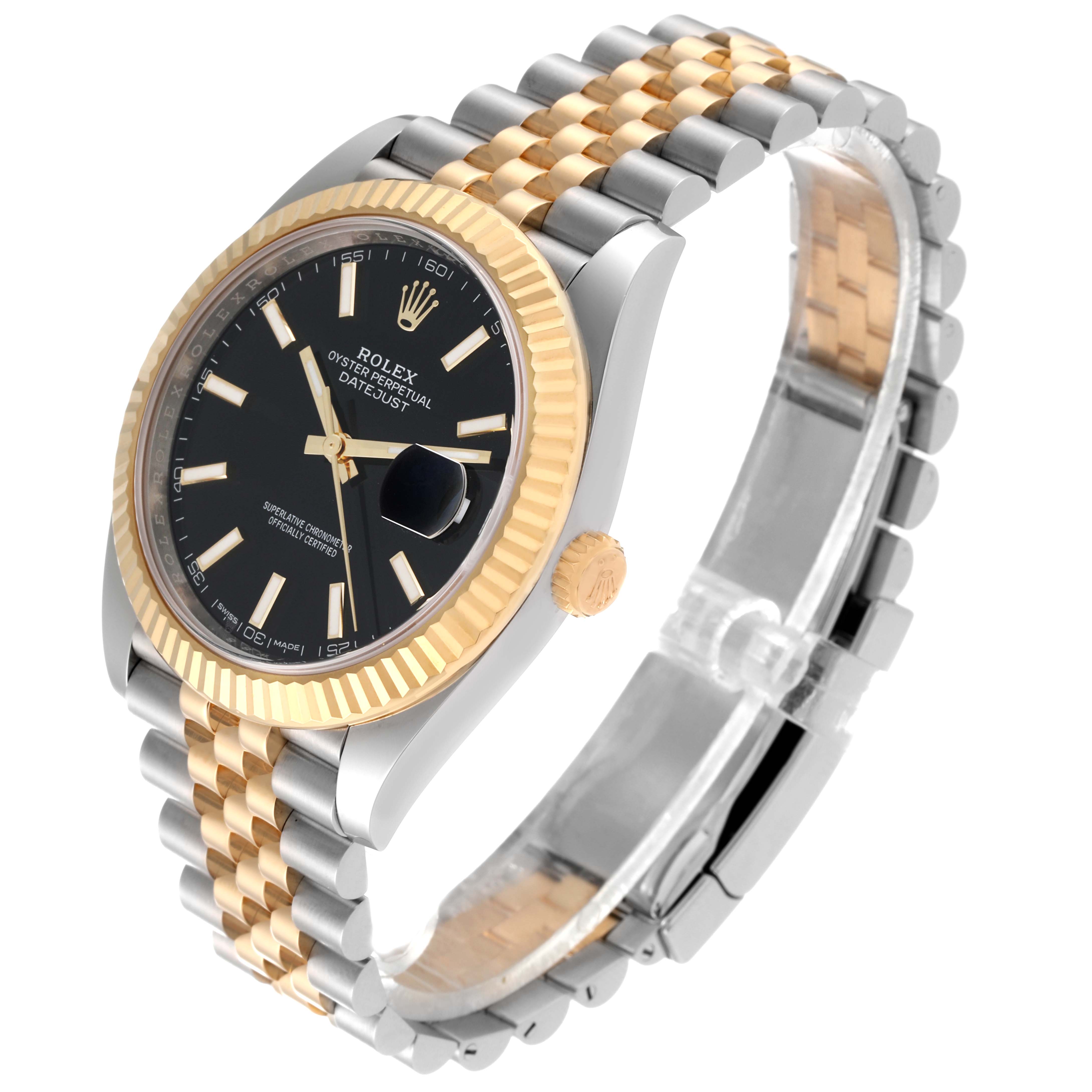 The image shows a Rolex Datejust 41 126333 Men's Steel and Gold (two tone) Black Dial 126333 Men's Steel and Gold (two tone) Black Dial watch at an angle highlighting the black dial, fluted bezel, two-tone bracelet, and the crown.