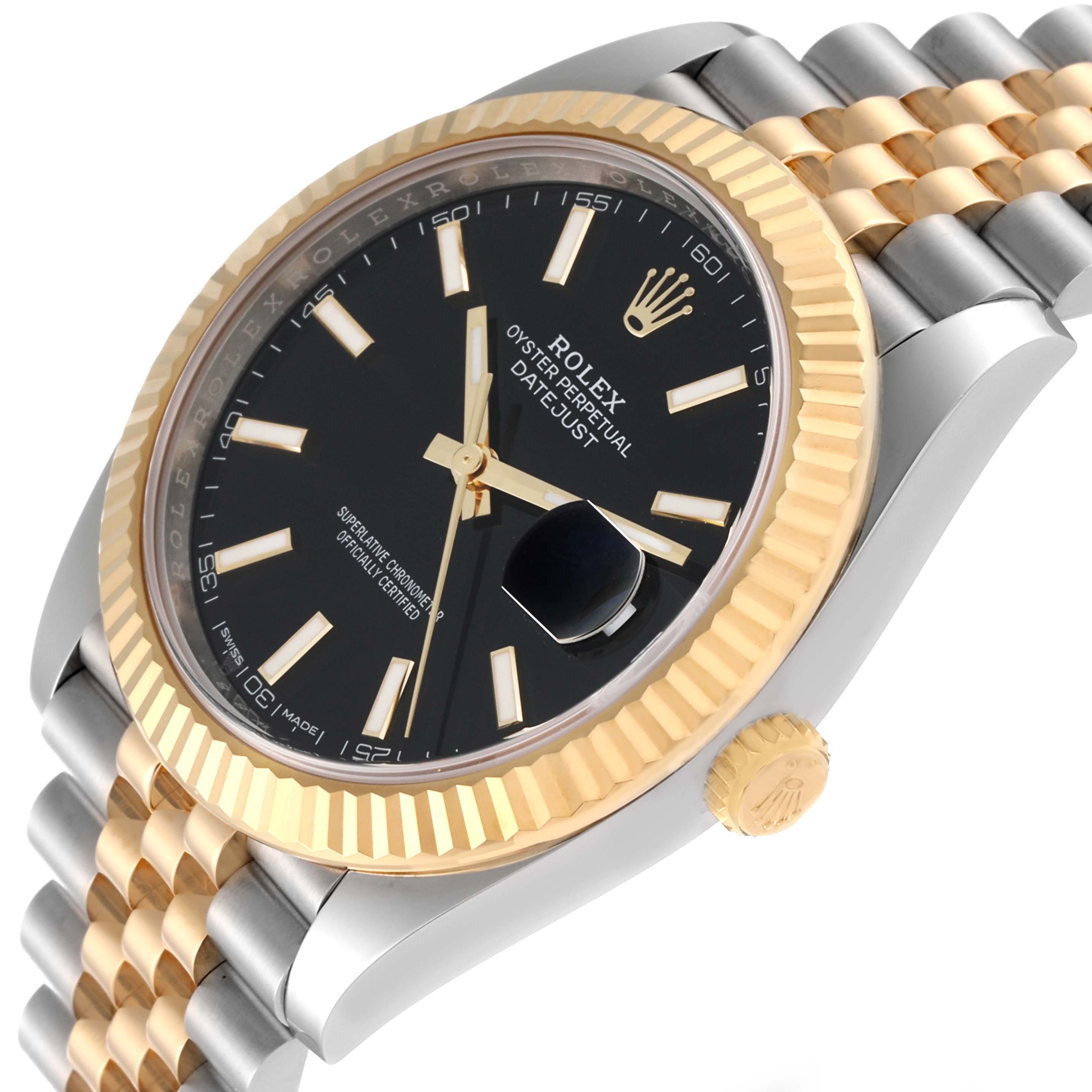 The image shows a close-up side angle of a Rolex Datejust 41 126333 Men's Steel and Gold (two tone) Black Dial 126333 Men's Steel and Gold (two tone) Black Dial, featuring the bezel, crown, and a Jubilee bracelet.
