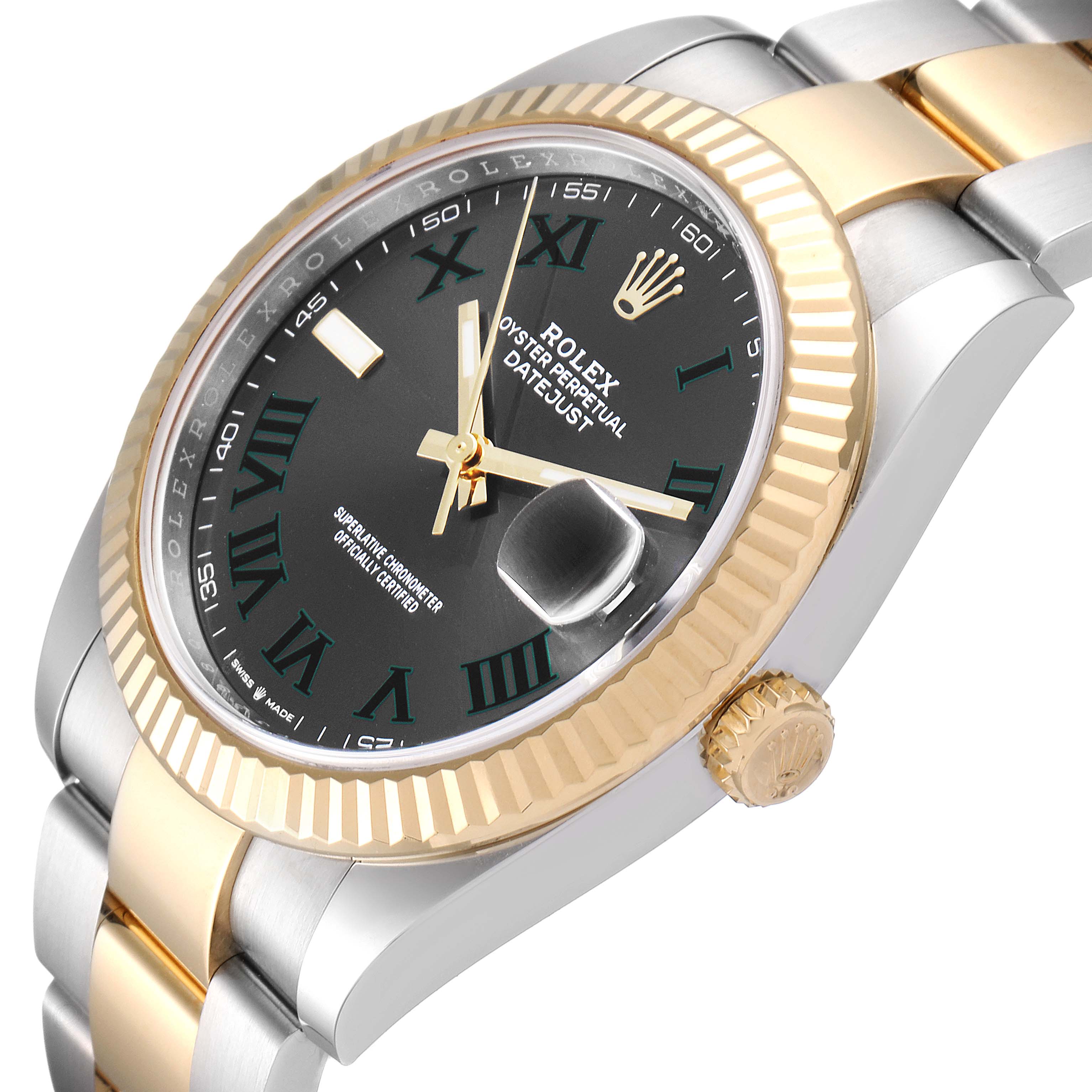 The image shows a Rolex Datejust 41 126333 Men's Steel and Gold (two tone) Grey Dial 126333 Men's Steel and Gold (two tone) Grey Dial watch angled from the side, featuring its face, bezel, crown, and part of the bracelet.