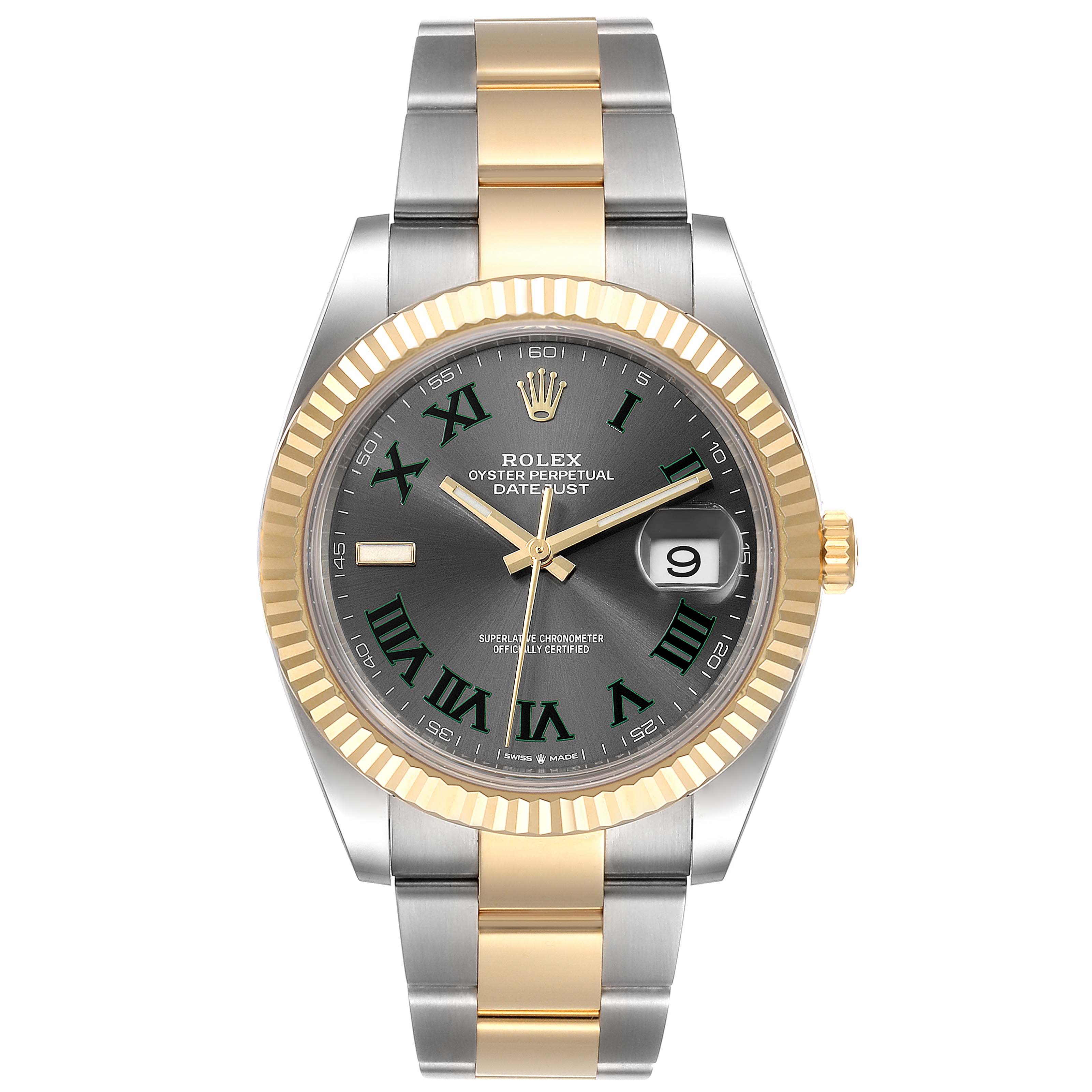 The image shows a front view of the Rolex Datejust 41 126333 Men's Steel and Gold (two tone) Grey Dial 126333 Men's Steel and Gold (two tone) Grey Dial watch, highlighting its dial, bezel, case, and bracelet.