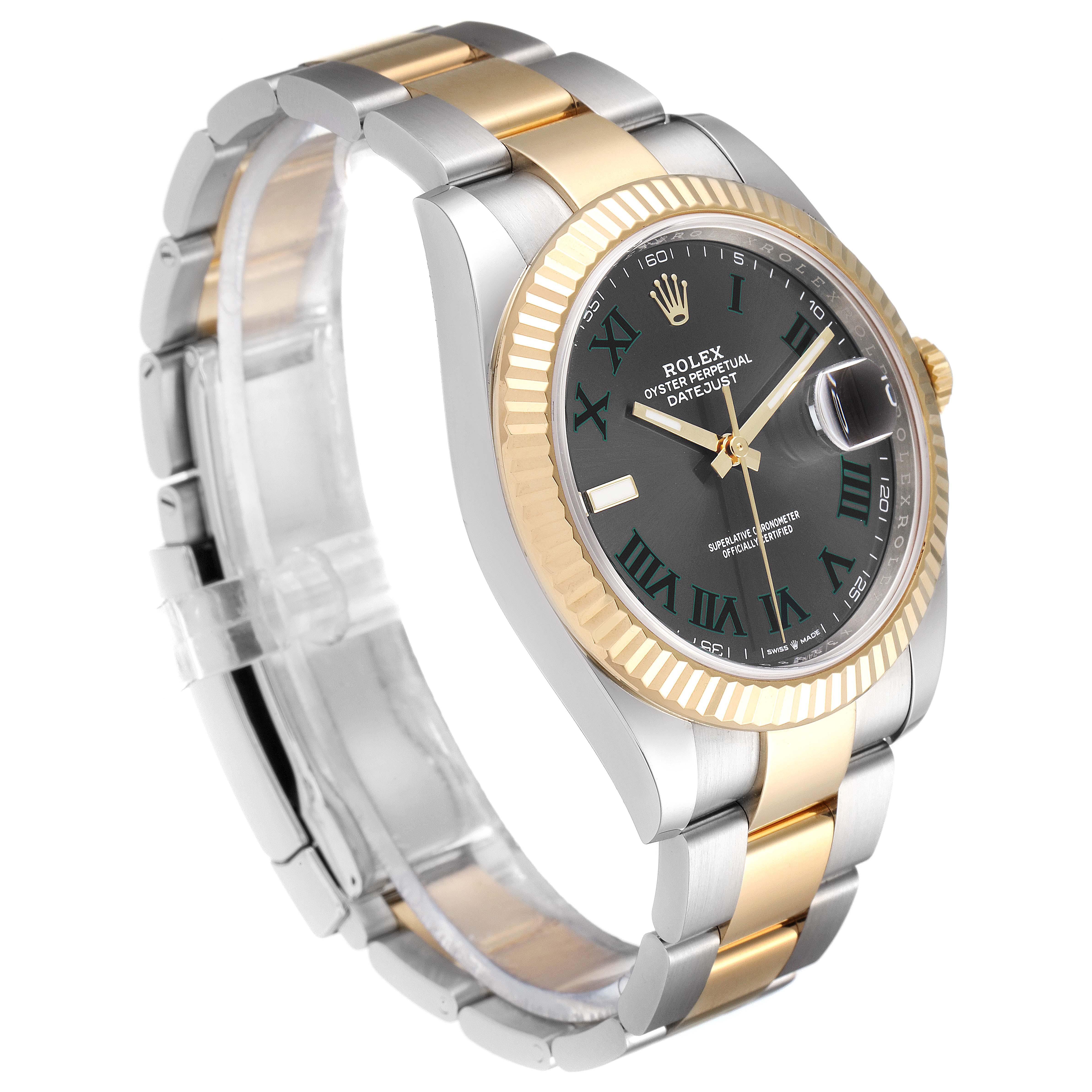 The image shows a Rolex Datejust 41 126333 Men's Steel and Gold (two tone) Grey Dial 126333 Men's Steel and Gold (two tone) Grey Dial model watch at an angle displaying the face, bezel, crown, and two-tone bracelet.