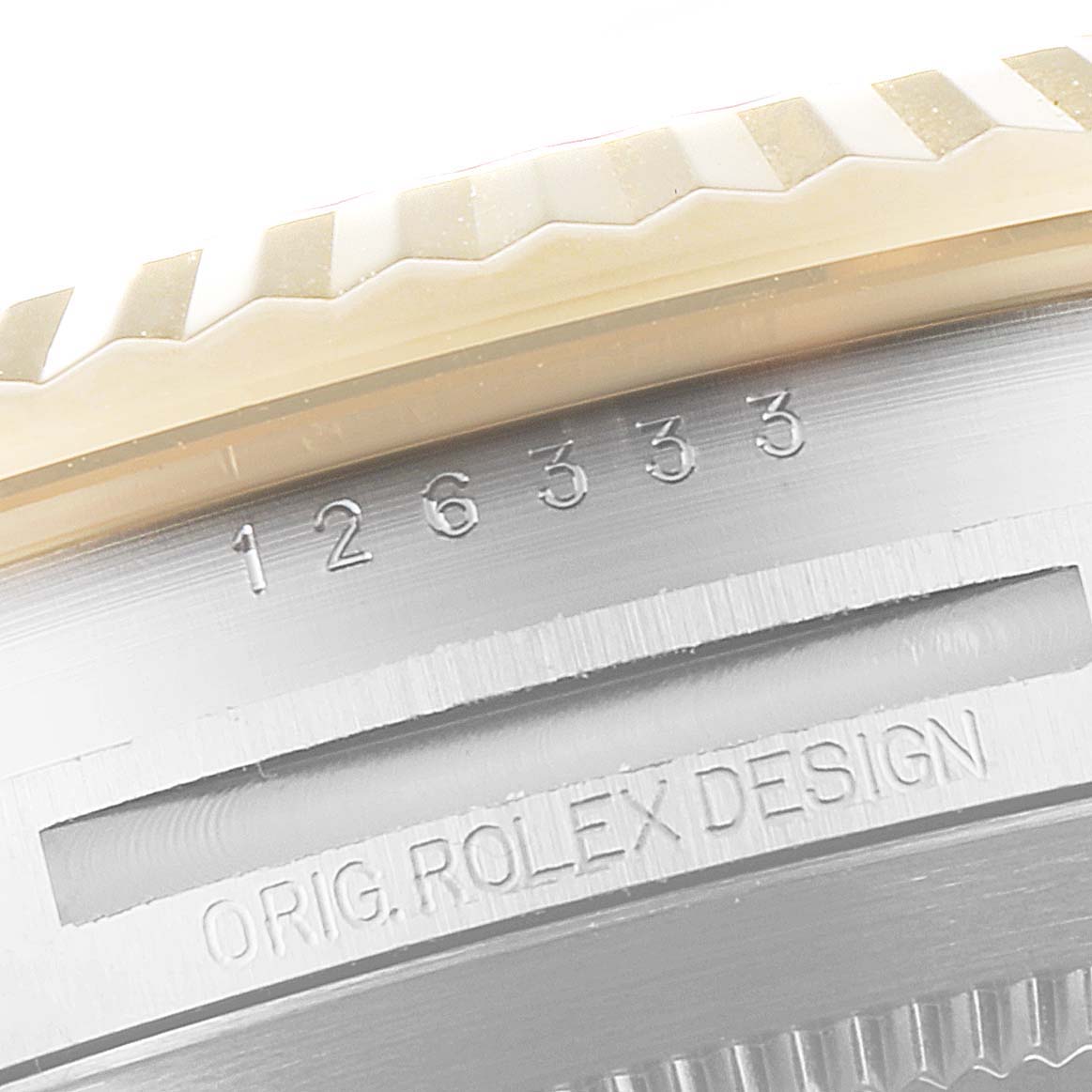 This image shows a close-up angle of the bezel and side engraving of a Rolex Datejust 41 126333 Men's Steel and Gold (two tone) Grey Dial 126333 Men's Steel and Gold (two tone) Grey Dial model, displaying the model number "126333".